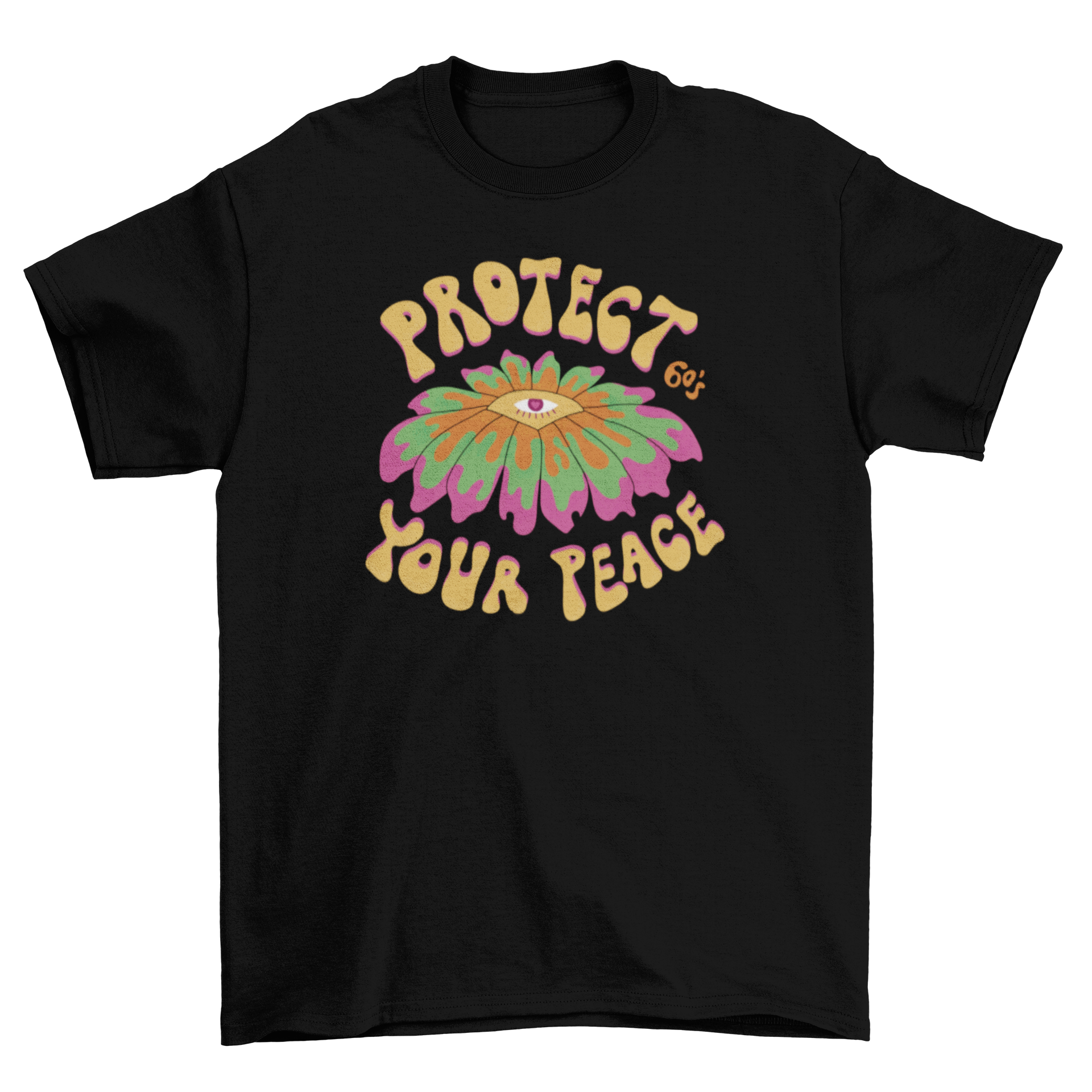 Sixties groovy peace t-shirt featuring an abstract eye design and the quote 'Protect your peace'.