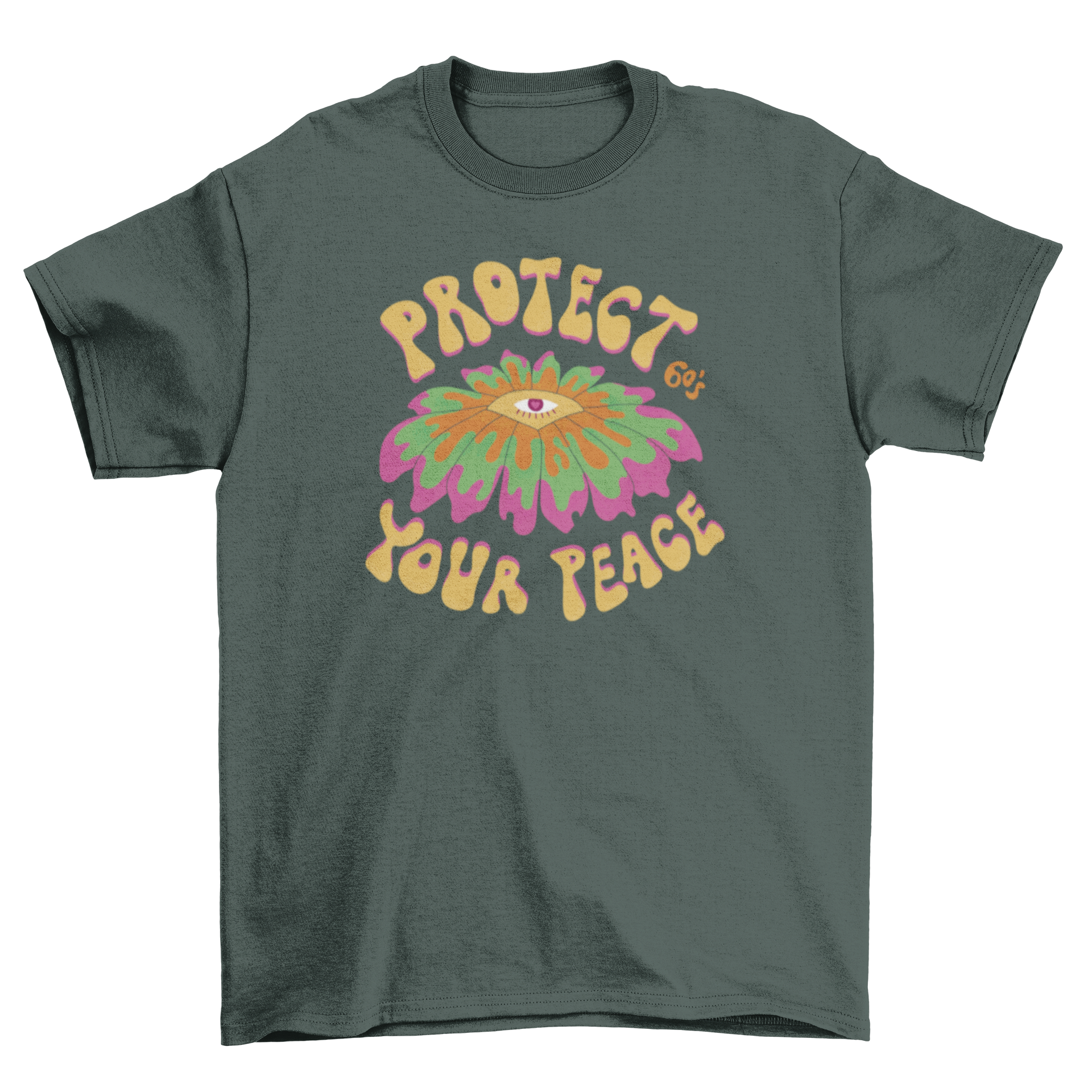 Sixties groovy peace t-shirt featuring an abstract eye design and the quote 'Protect your peace'.