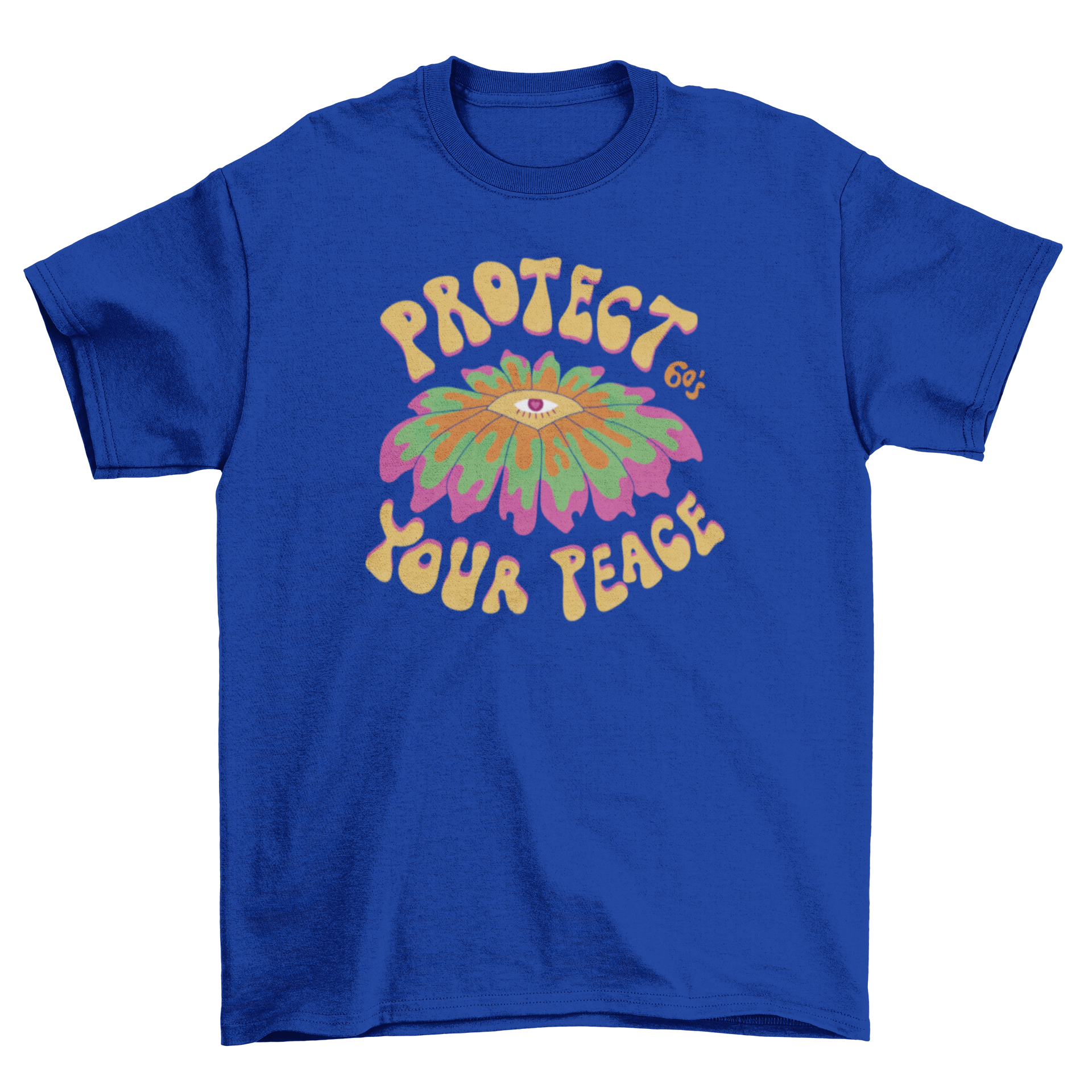 Sixties groovy peace t-shirt featuring an abstract eye design and the quote 'Protect your peace'.