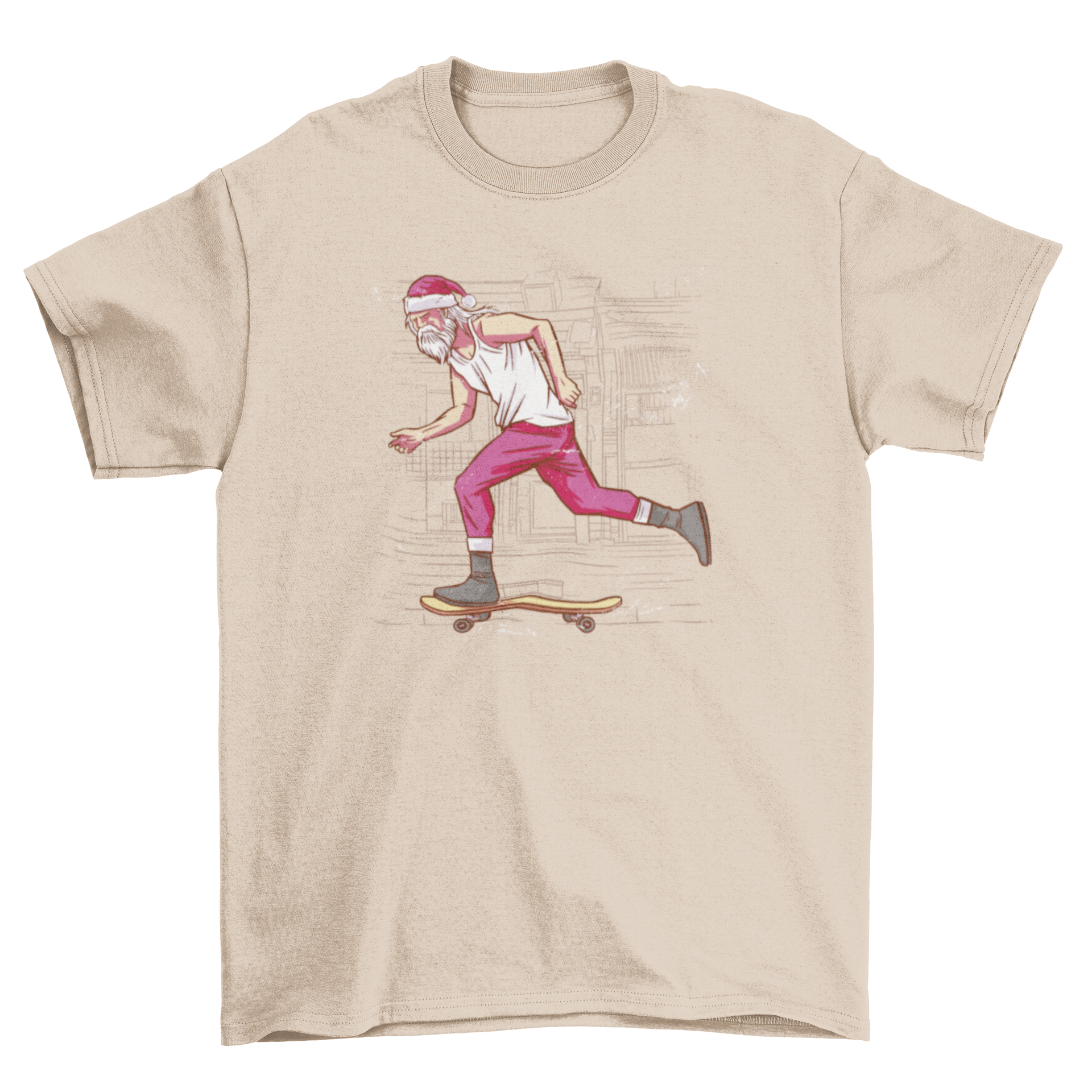 A festive t-shirt featuring Santa Claus skateboarding, showcasing a fun and playful holiday design.