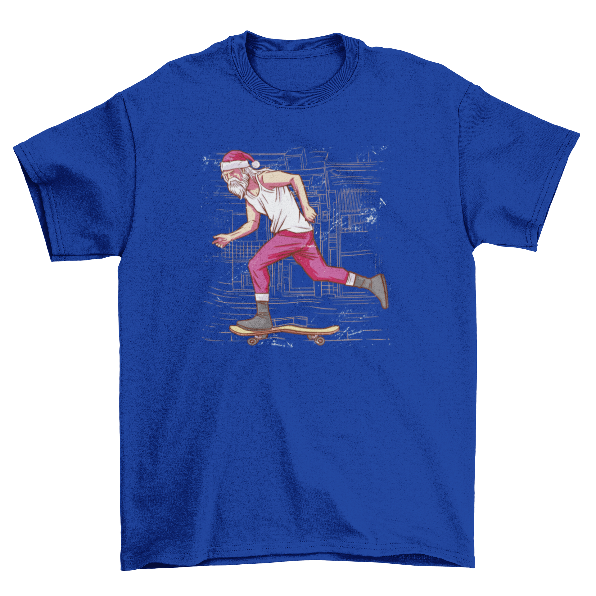 A festive t-shirt featuring Santa Claus skateboarding, showcasing a fun and playful holiday design.