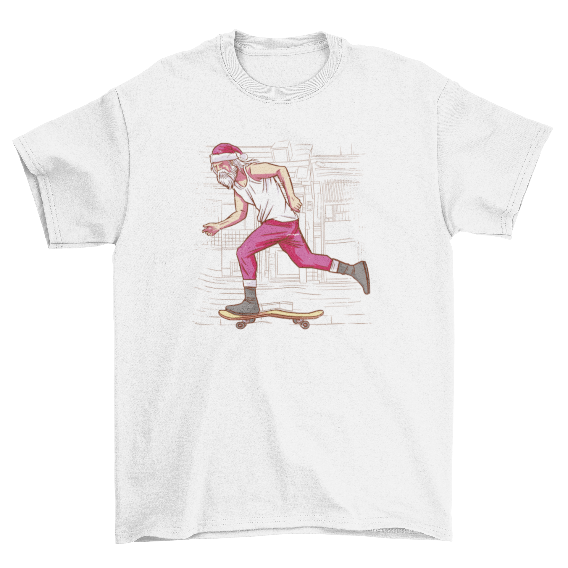 A festive t-shirt featuring Santa Claus skateboarding, showcasing a fun and playful holiday design.