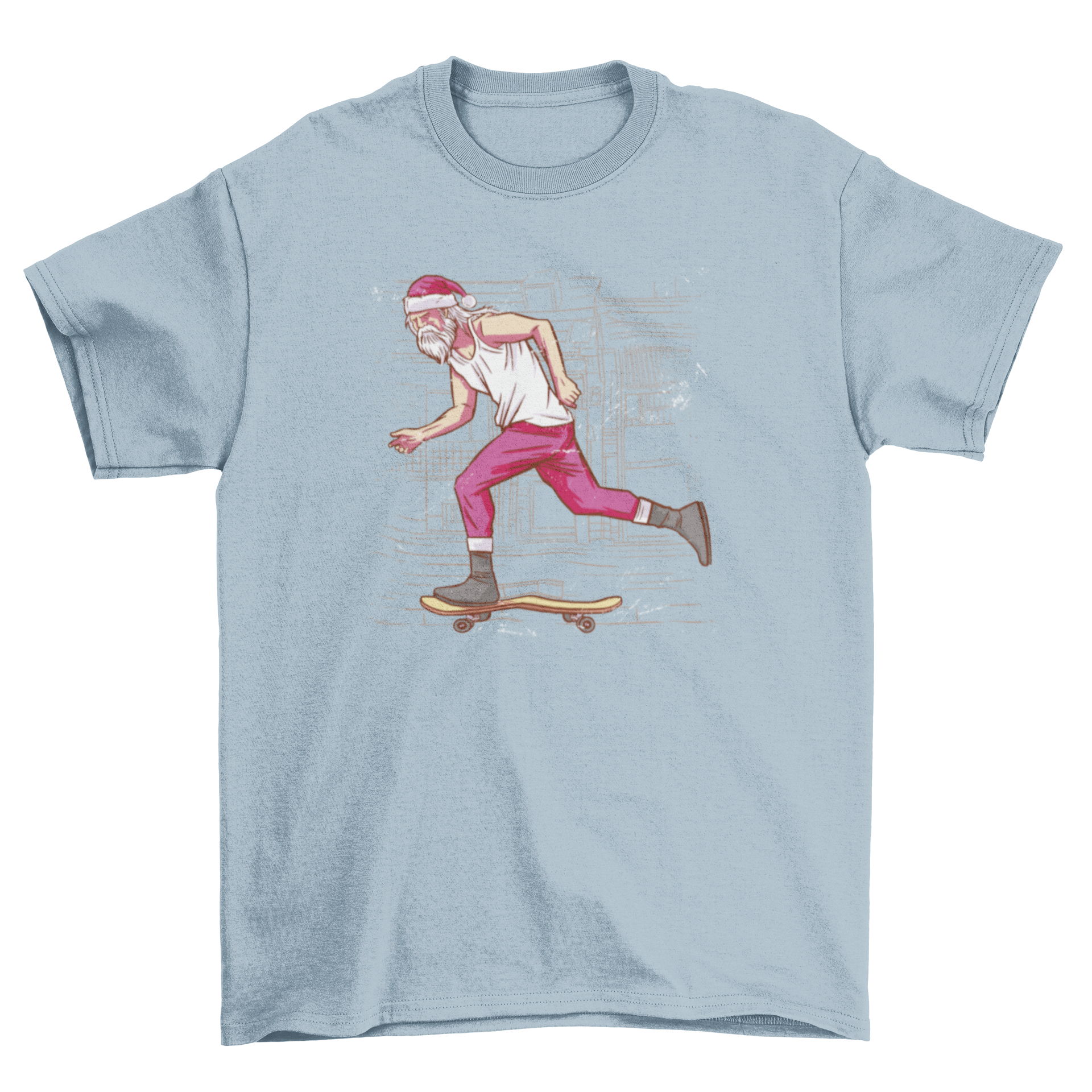 A festive t-shirt featuring Santa Claus skateboarding, showcasing a fun and playful holiday design.