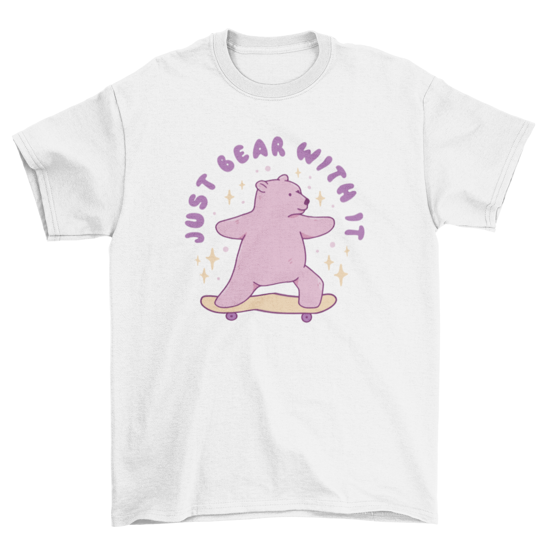 A stylish Skater Bear T-shirt featuring a playful bear design and the quote 'Just bear with it', perfect for casual wear.