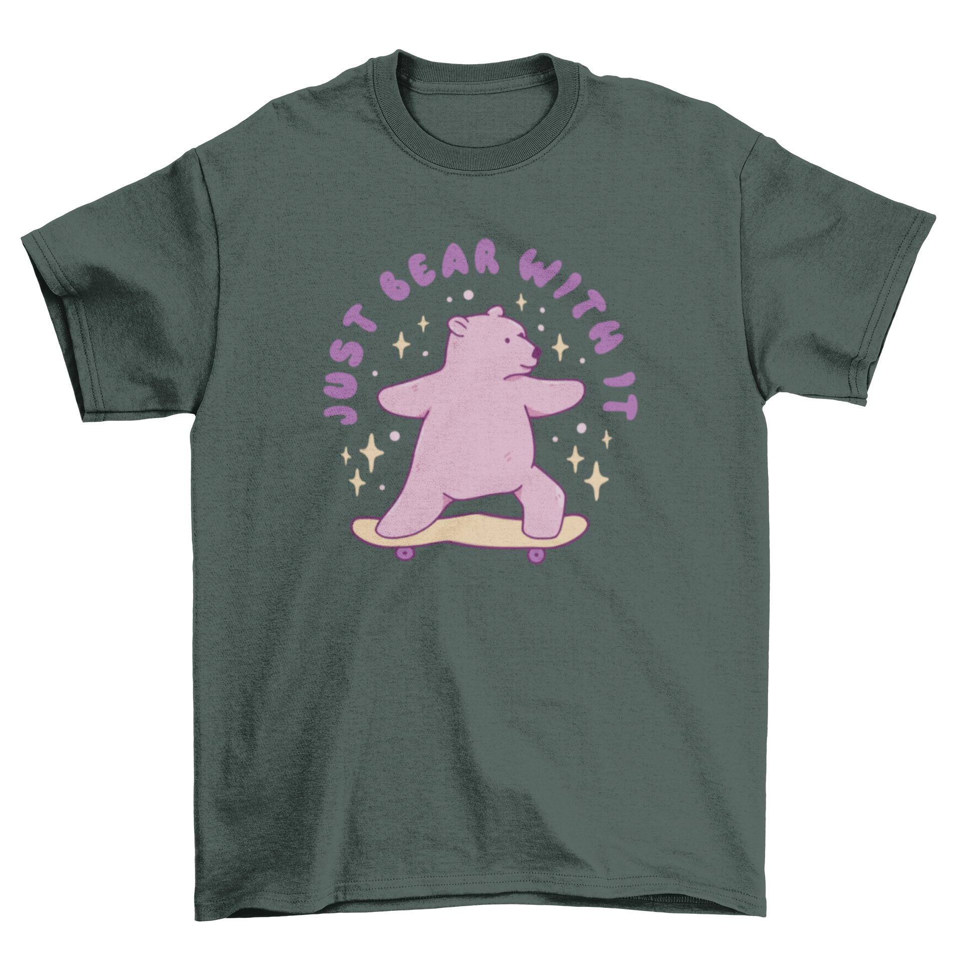 A stylish Skater Bear T-shirt featuring a playful bear design and the quote 'Just bear with it', perfect for casual wear.