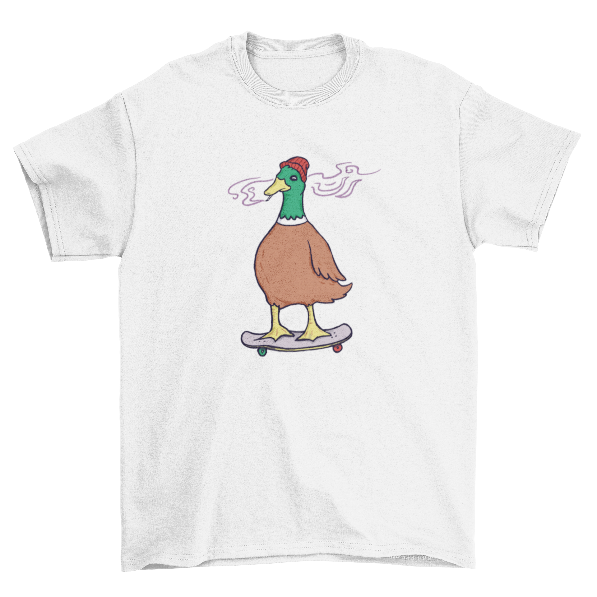 A stylish t-shirt featuring a cool duck smoking and skateboarding, perfect for casual wear.