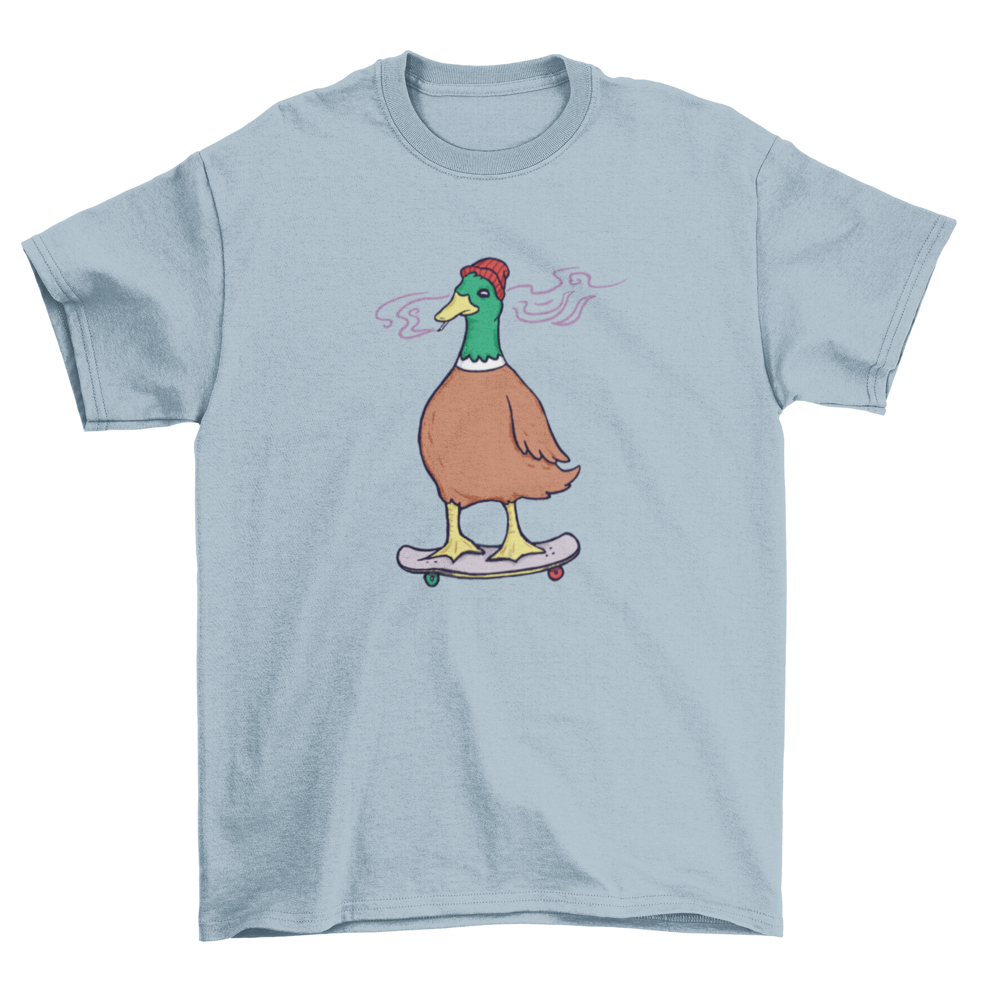 A stylish t-shirt featuring a cool duck smoking and skateboarding, perfect for casual wear.