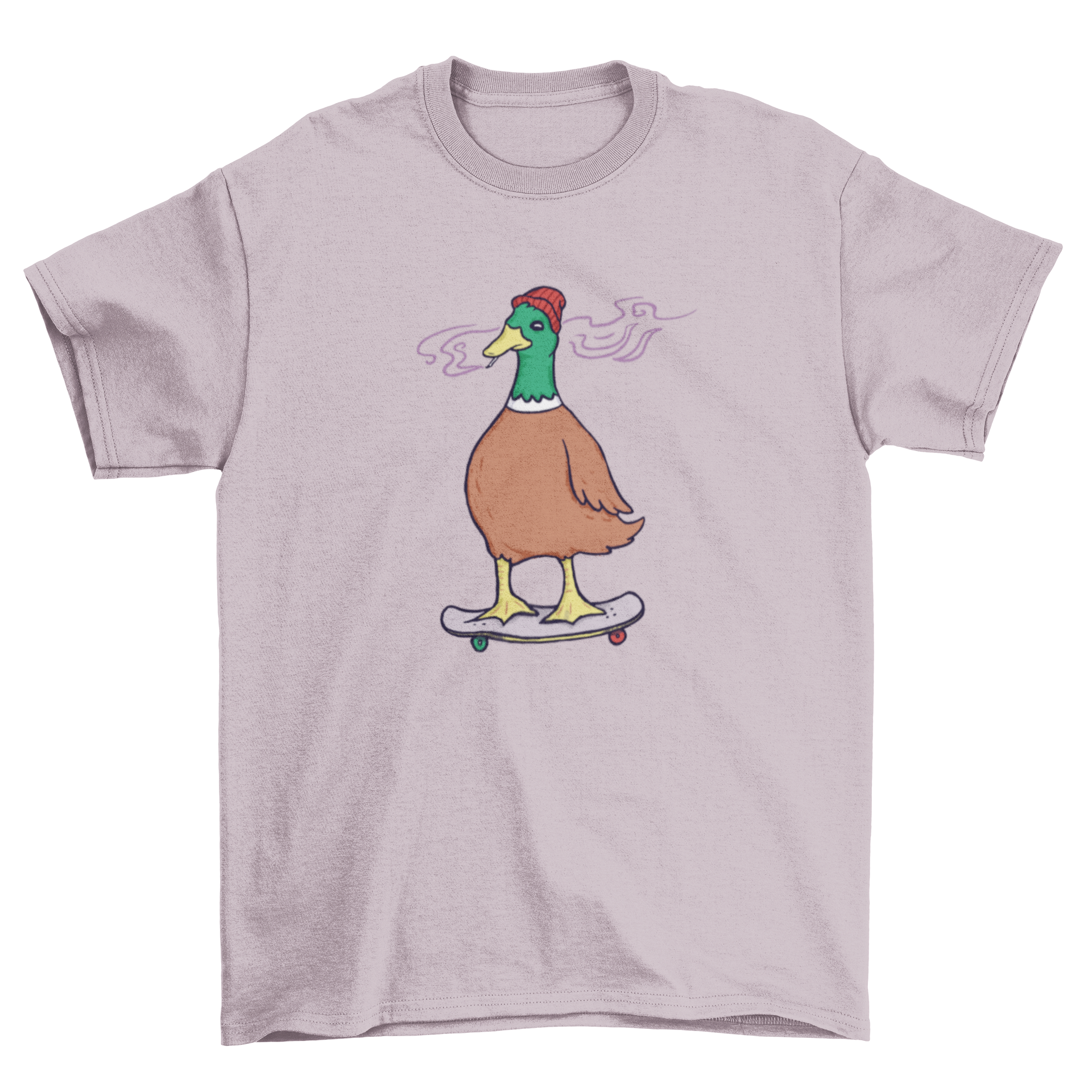 A stylish t-shirt featuring a cool duck smoking and skateboarding, perfect for casual wear.