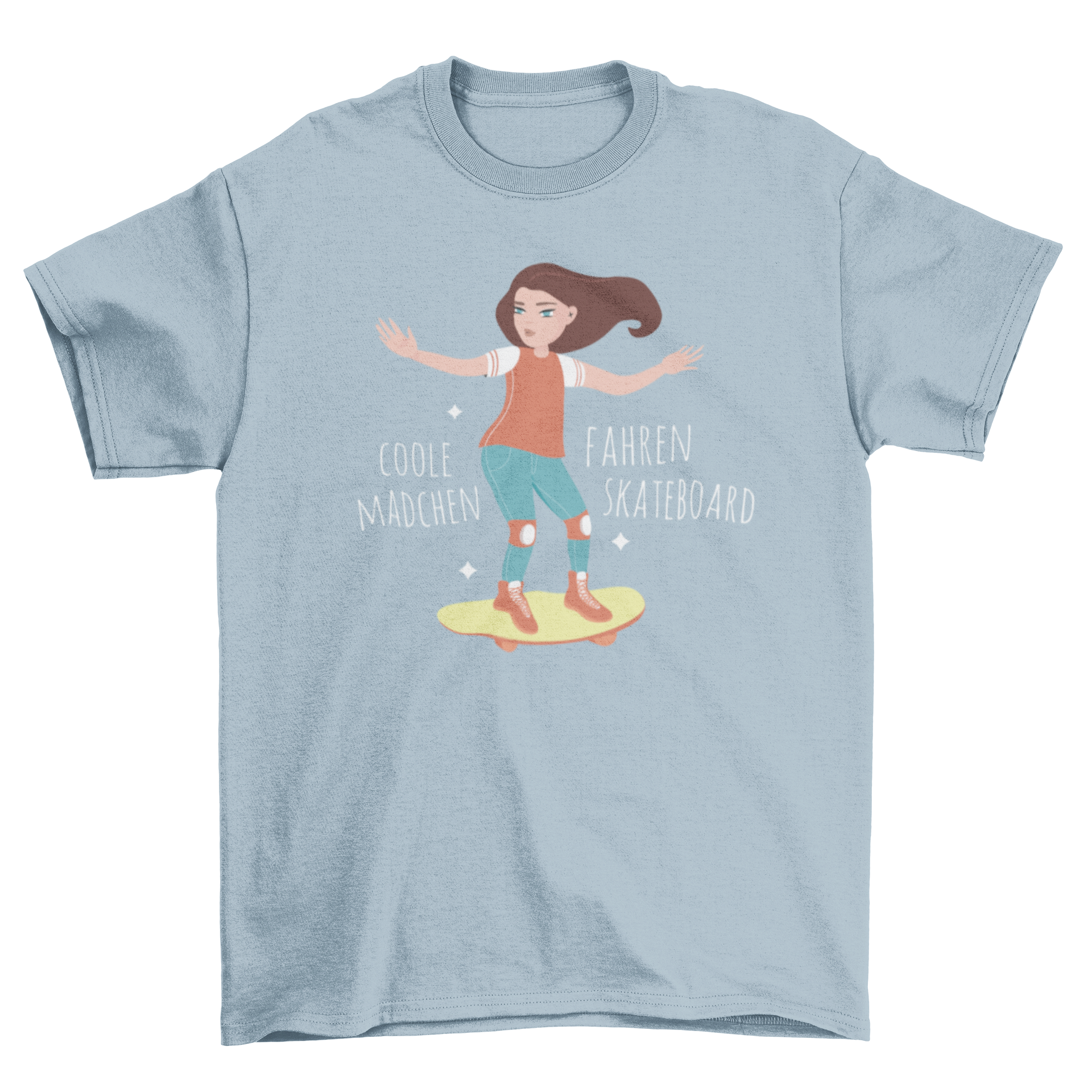 A vibrant cartoon-style t-shirt featuring a skater girl next to a German quote, perfect for casual wear.