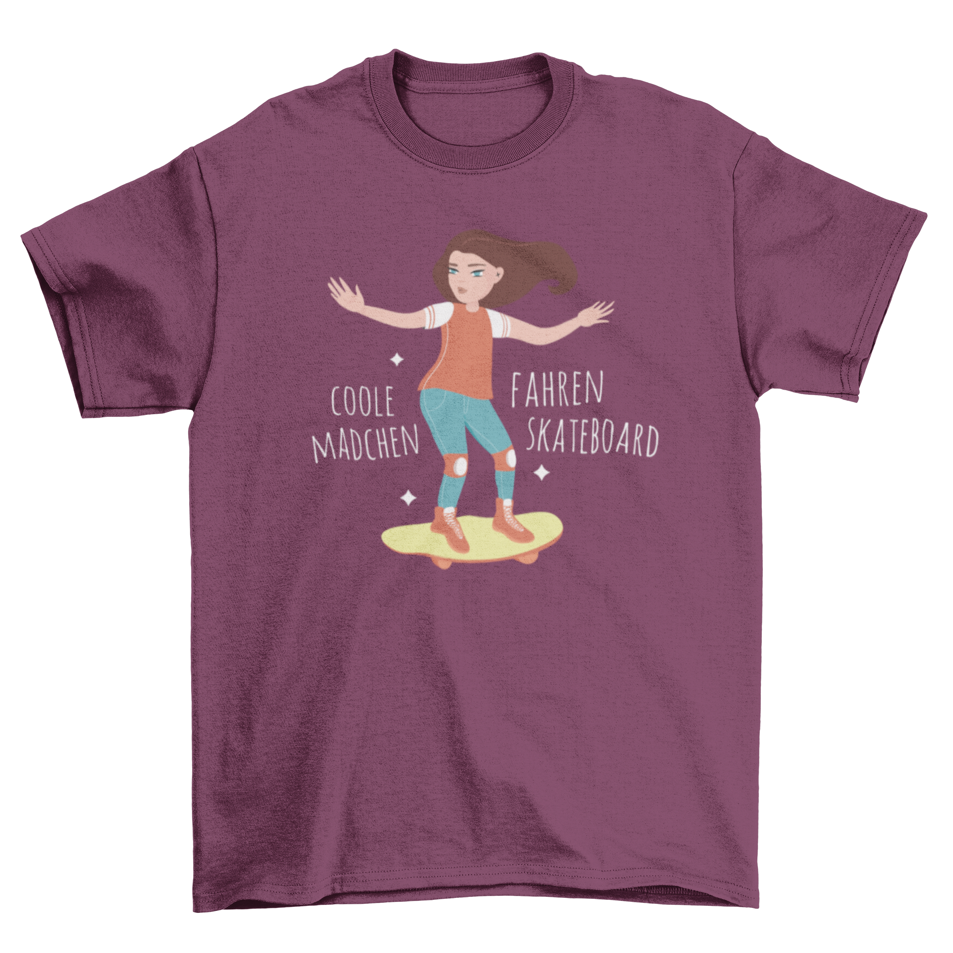 A vibrant cartoon-style t-shirt featuring a skater girl next to a German quote, perfect for casual wear.