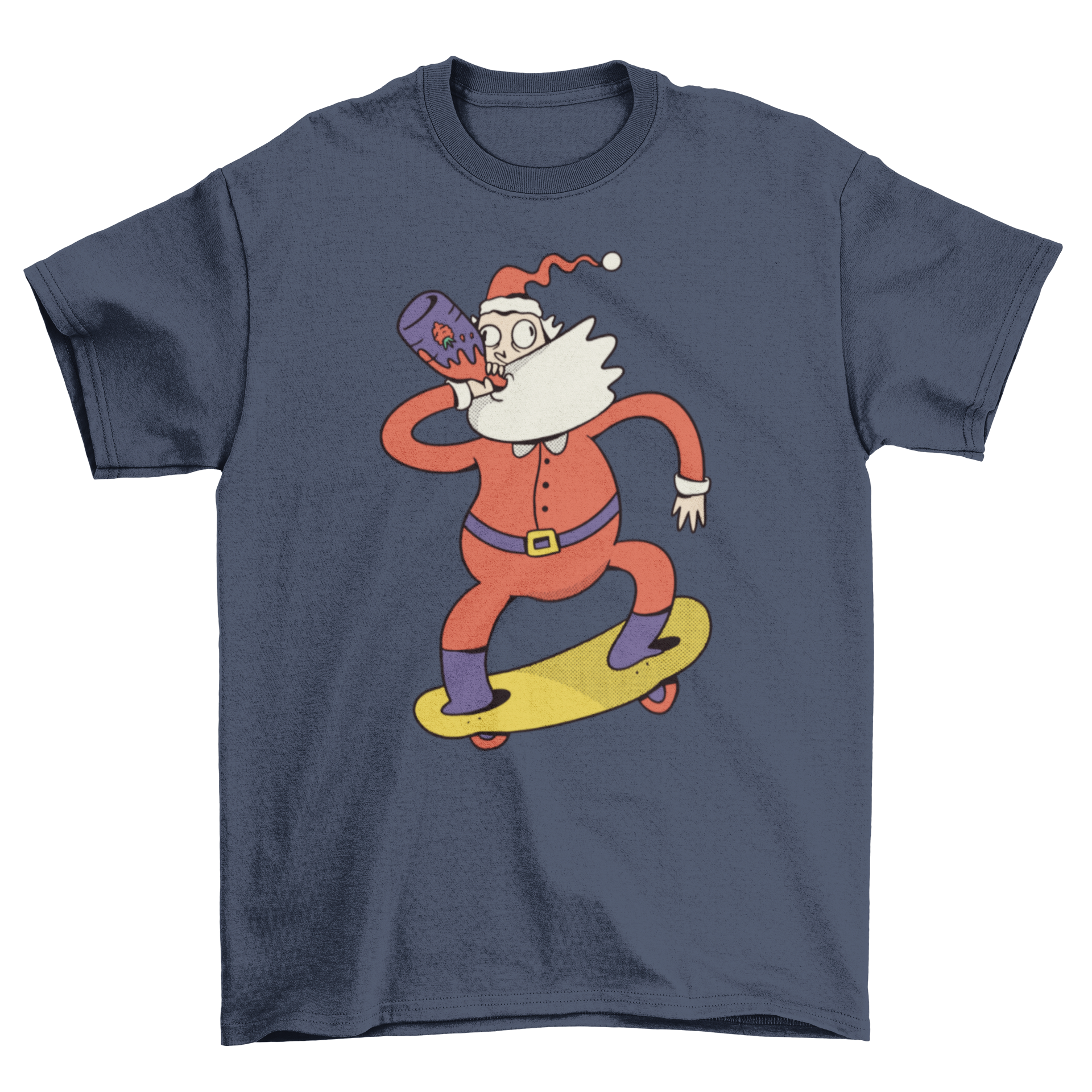 A humorous t-shirt featuring Santa Claus skateboarding and drinking strawberry juice, perfect for the holiday season.