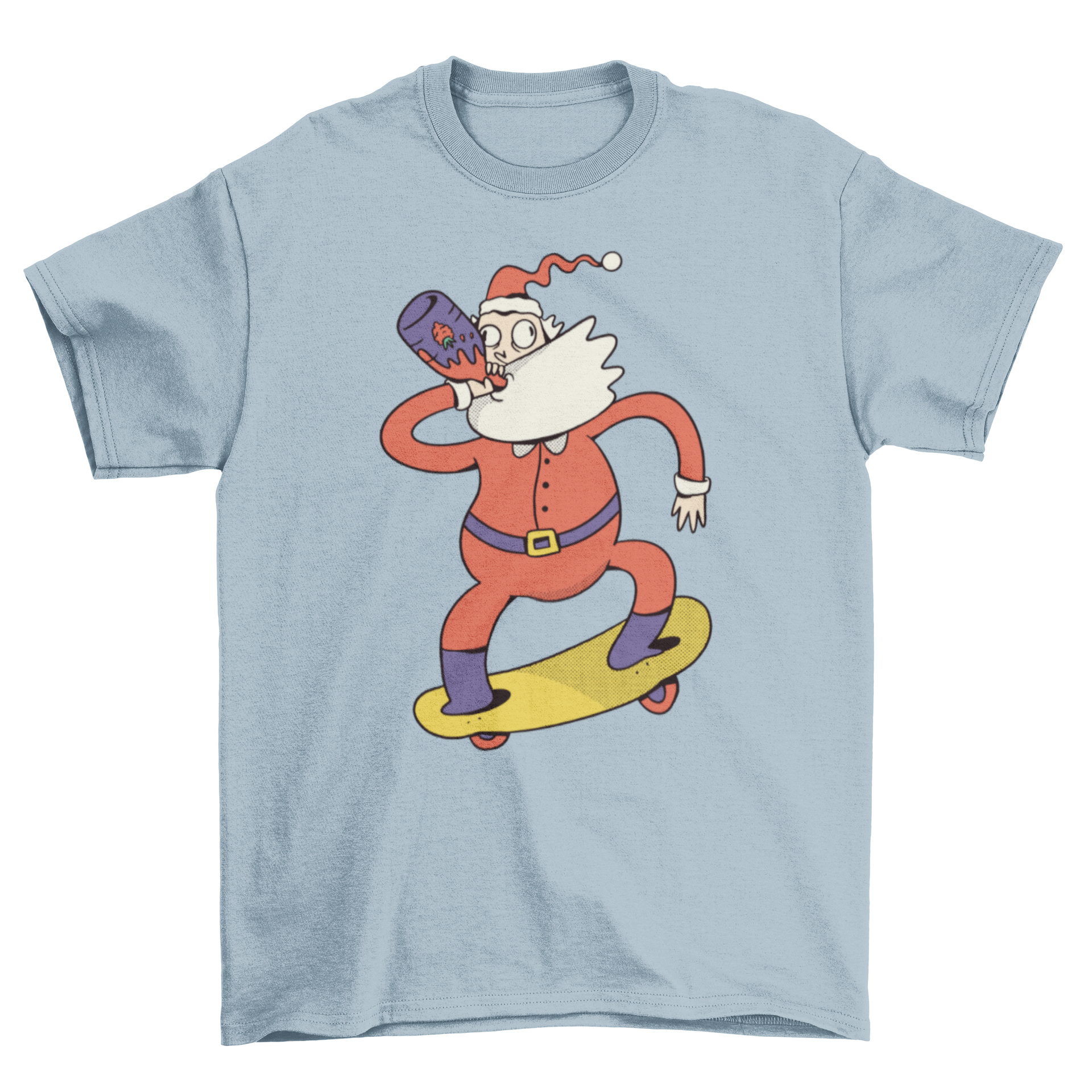 A humorous t-shirt featuring Santa Claus skateboarding and drinking strawberry juice, perfect for the holiday season.