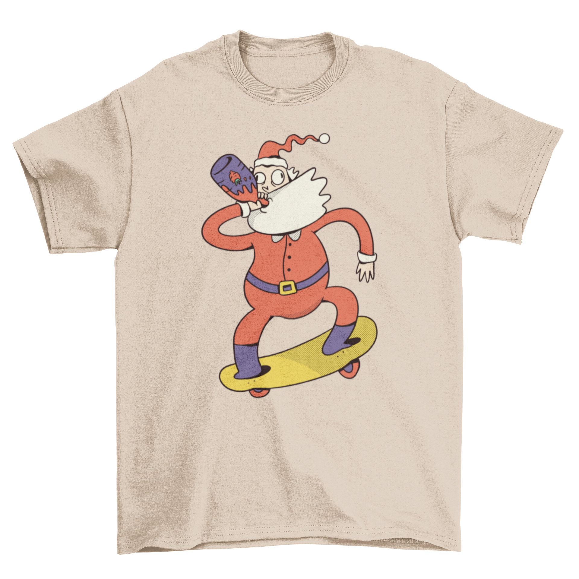 A humorous t-shirt featuring Santa Claus skateboarding and drinking strawberry juice, perfect for the holiday season.