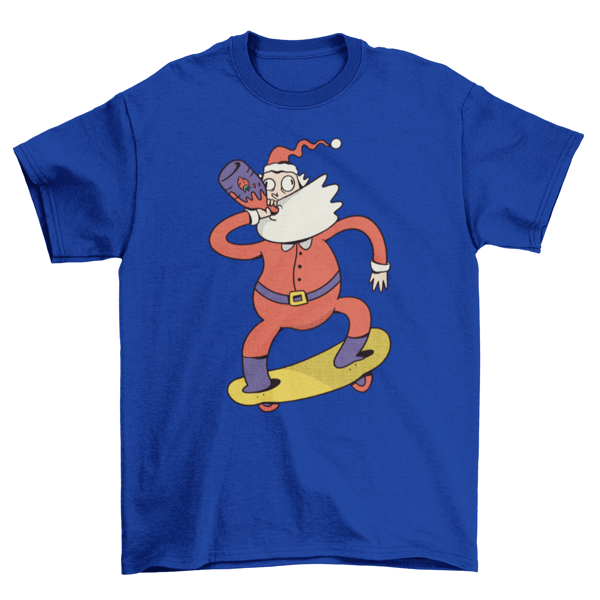 A humorous t-shirt featuring Santa Claus skateboarding and drinking strawberry juice, perfect for the holiday season.