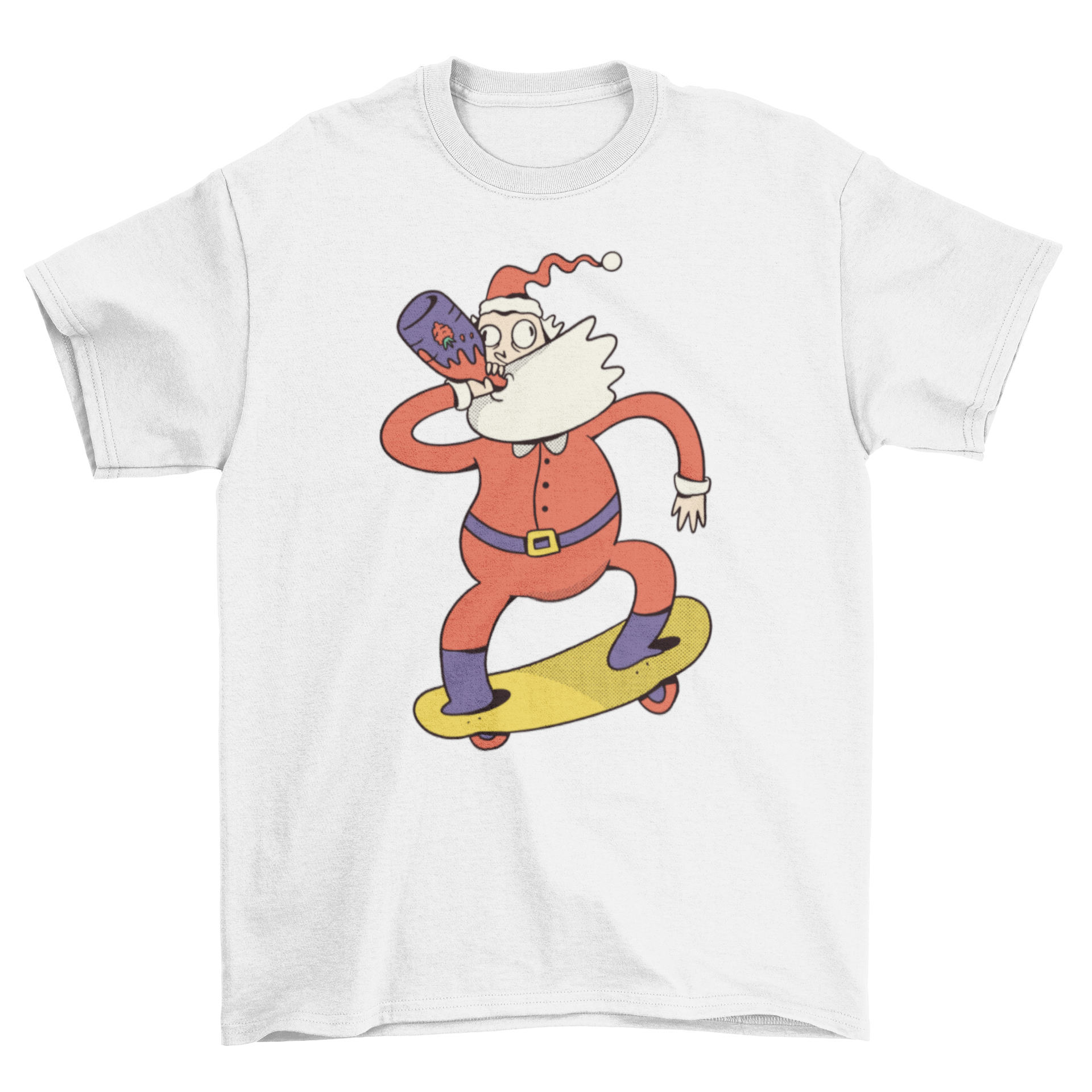 A humorous t-shirt featuring Santa Claus skateboarding and drinking strawberry juice, perfect for the holiday season.