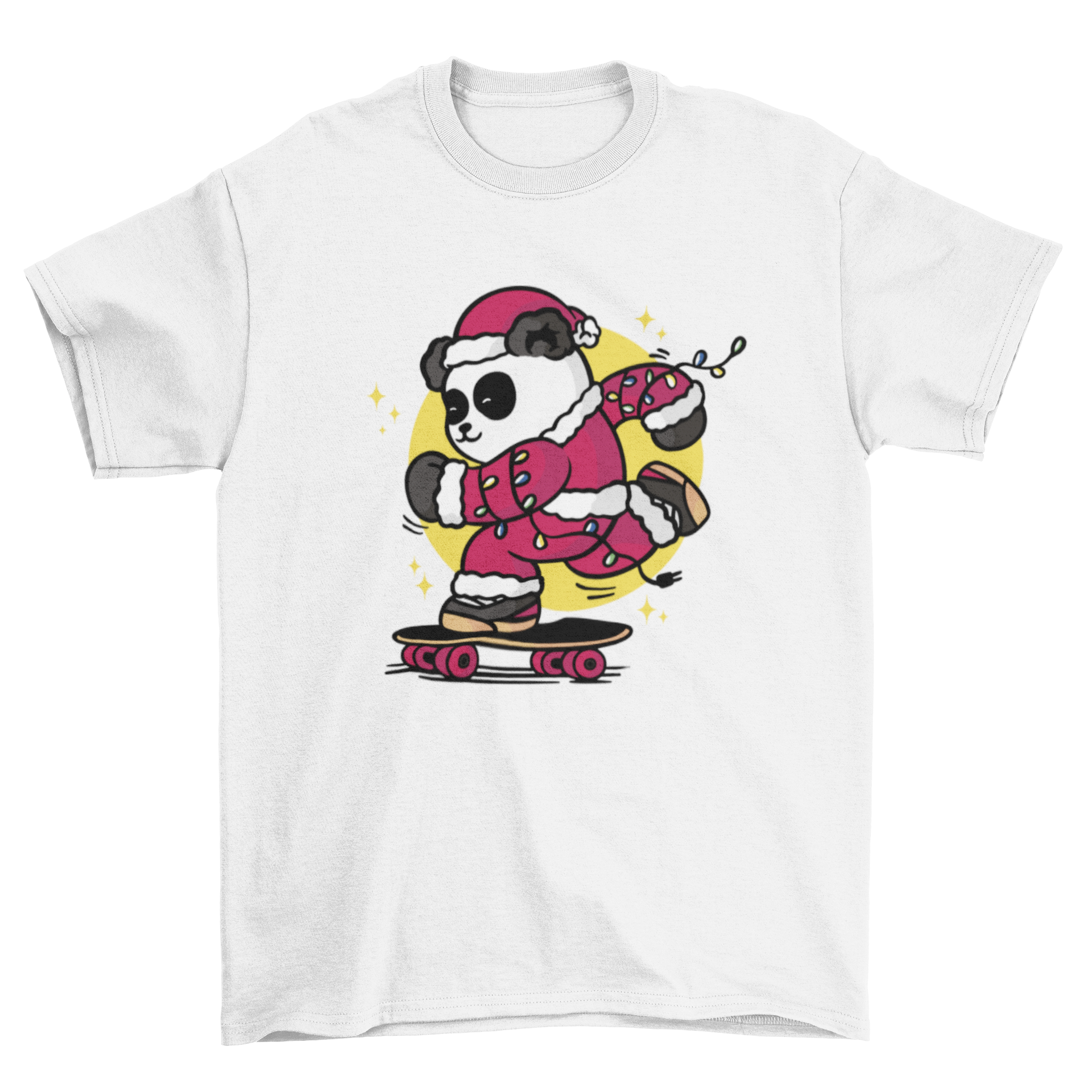 A cartoon-style t-shirt design featuring a panda bear dressed as Santa Claus skateboarding, showcasing a fun and festive theme.