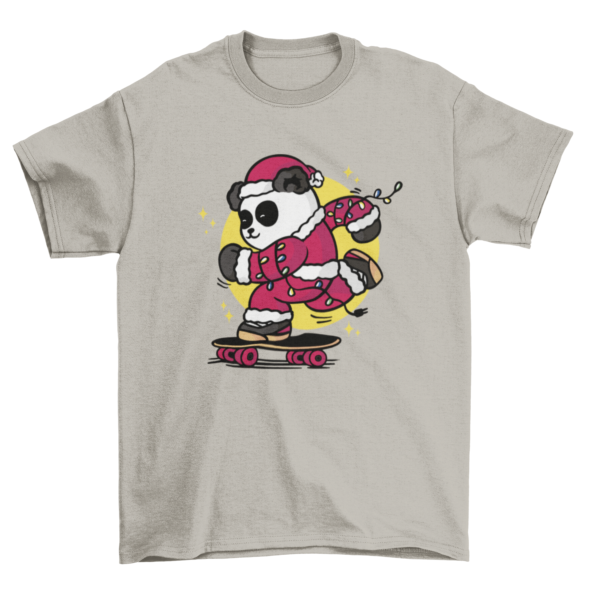 A cartoon-style t-shirt design featuring a panda bear dressed as Santa Claus skateboarding, showcasing a fun and festive theme.