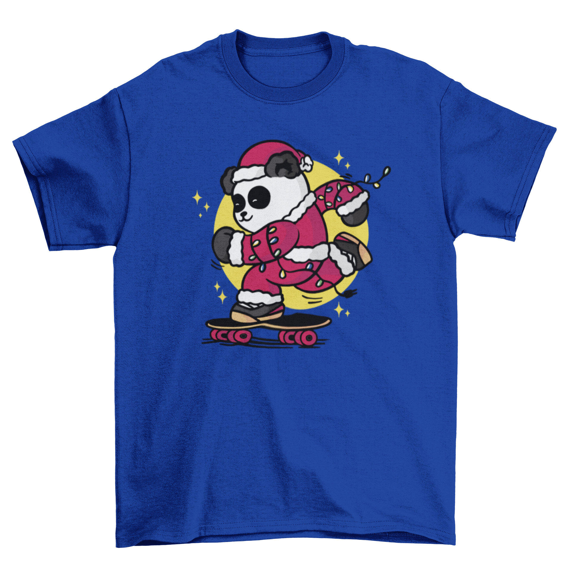 A cartoon-style t-shirt design featuring a panda bear dressed as Santa Claus skateboarding, showcasing a fun and festive theme.