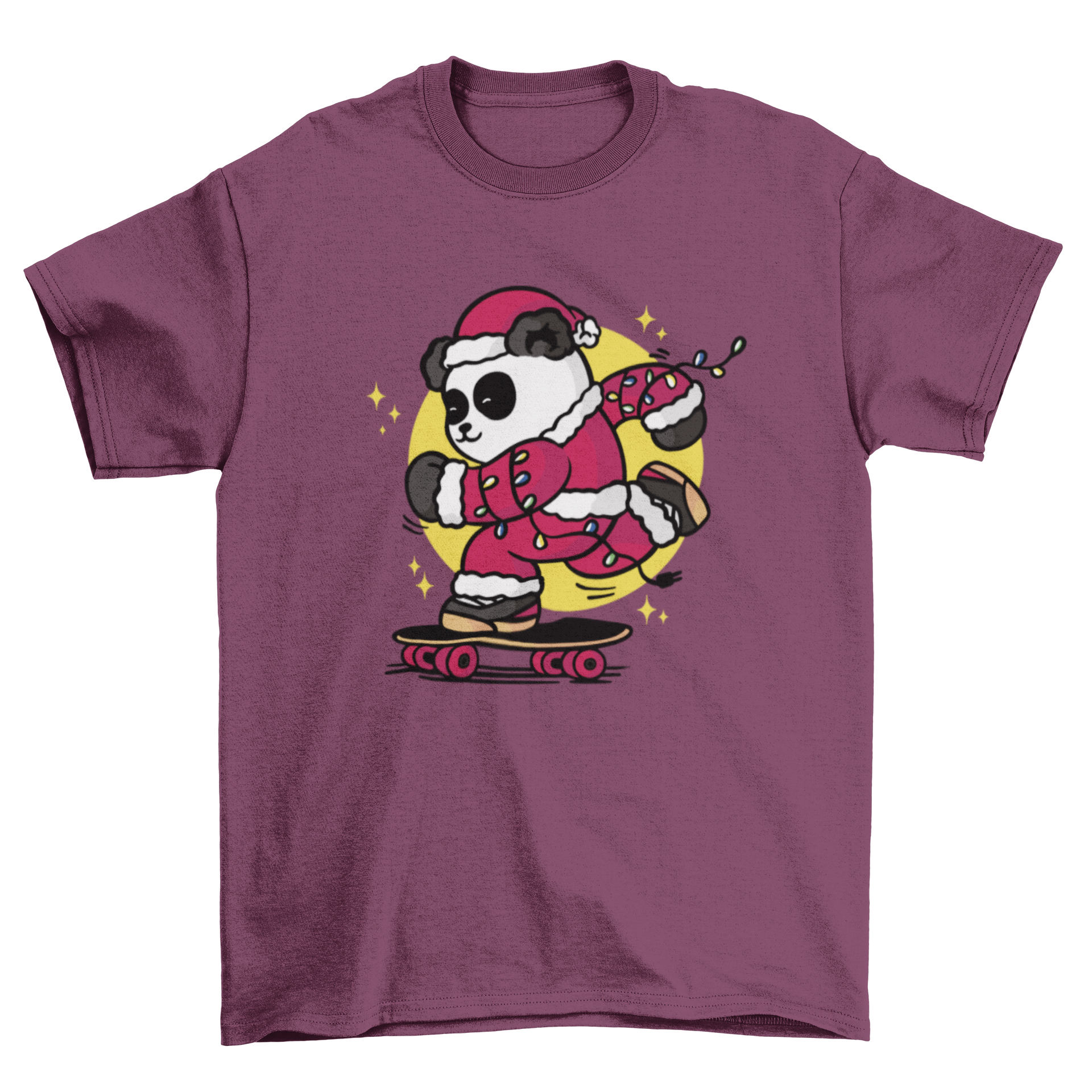 A cartoon-style t-shirt design featuring a panda bear dressed as Santa Claus skateboarding, showcasing a fun and festive theme.