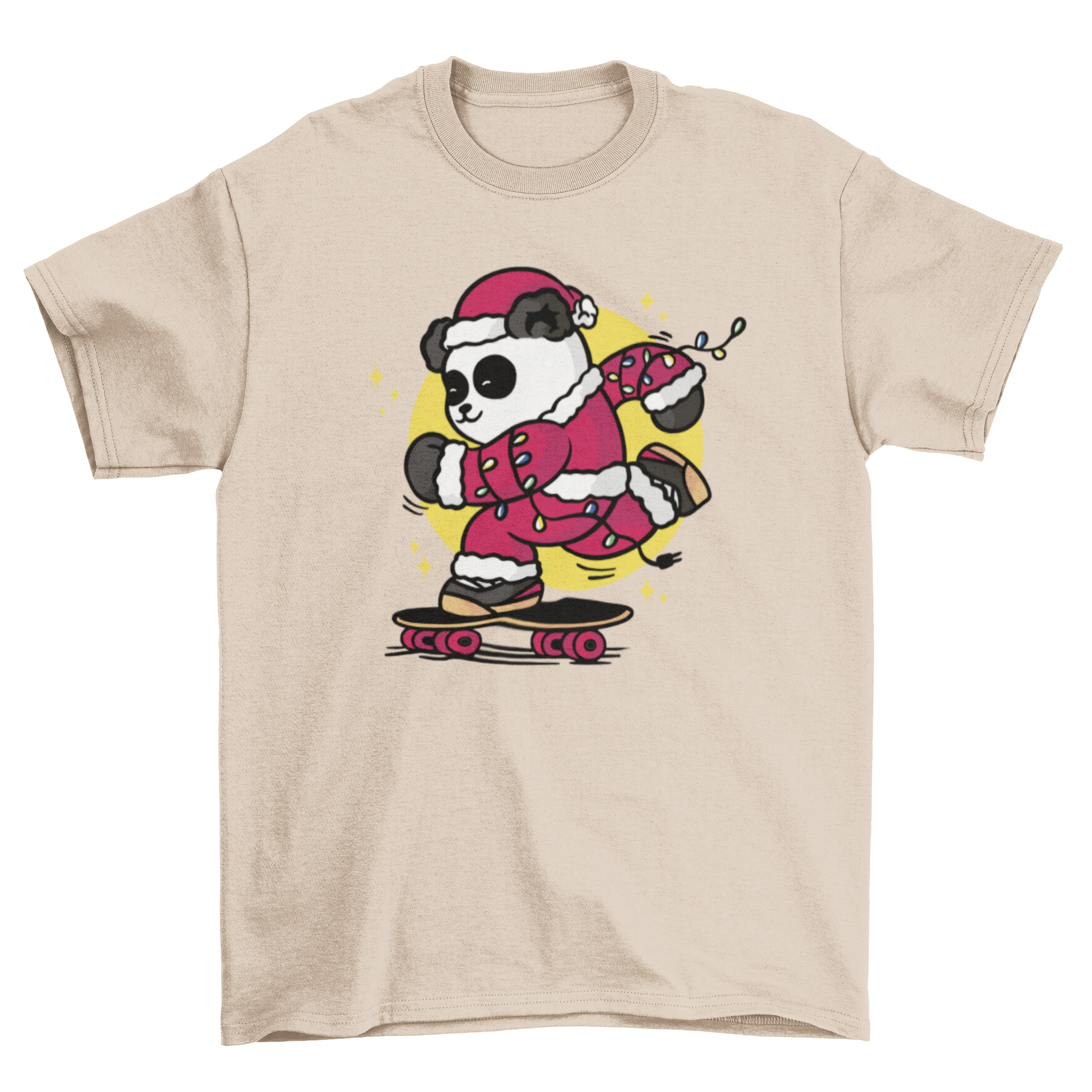 A cartoon-style t-shirt design featuring a panda bear dressed as Santa Claus skateboarding, showcasing a fun and festive theme.