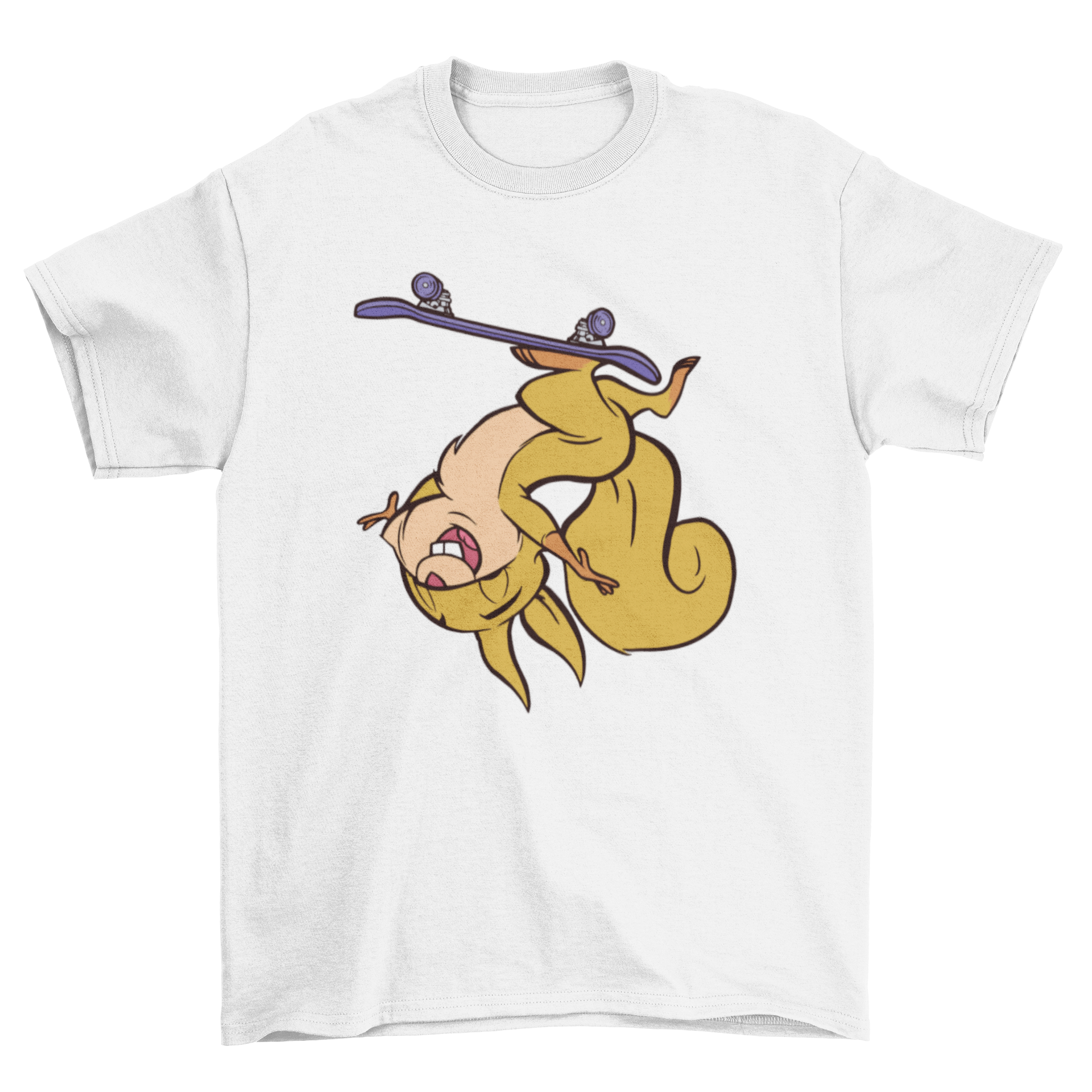 A vibrant t-shirt featuring a playful squirrel skateboarding, showcasing a fun and unique design.