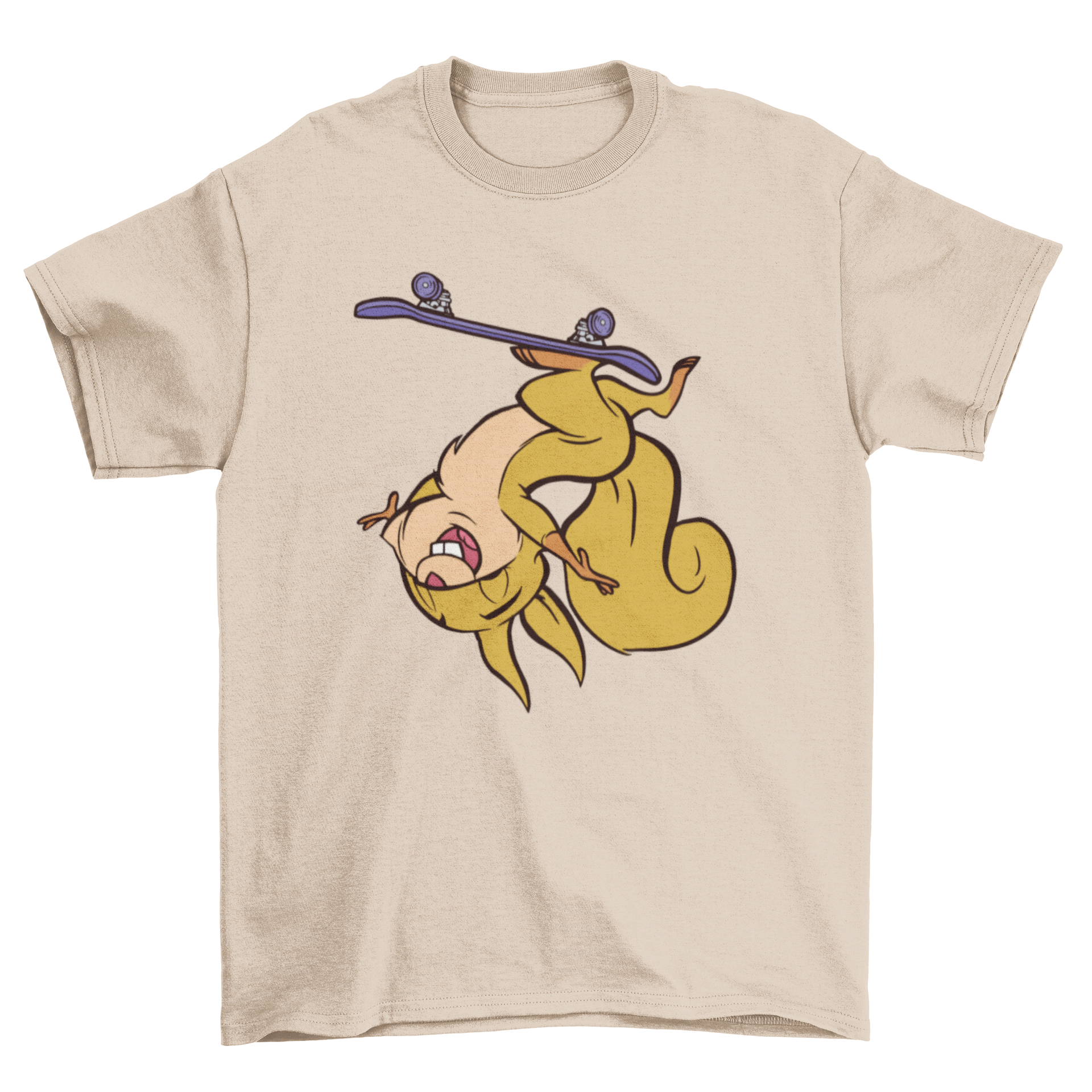 A vibrant t-shirt featuring a playful squirrel skateboarding, showcasing a fun and unique design.