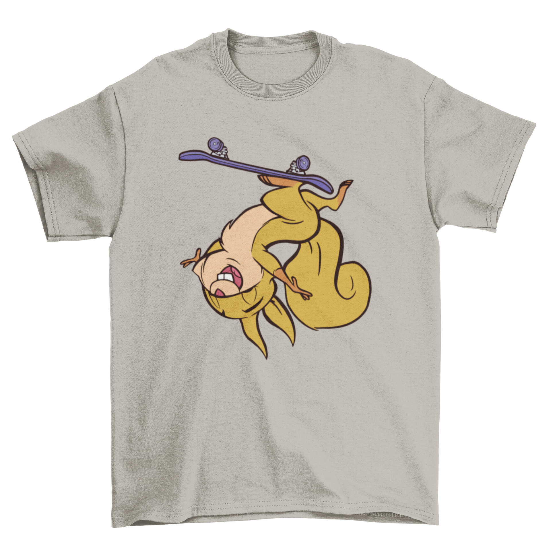 A vibrant t-shirt featuring a playful squirrel skateboarding, showcasing a fun and unique design.