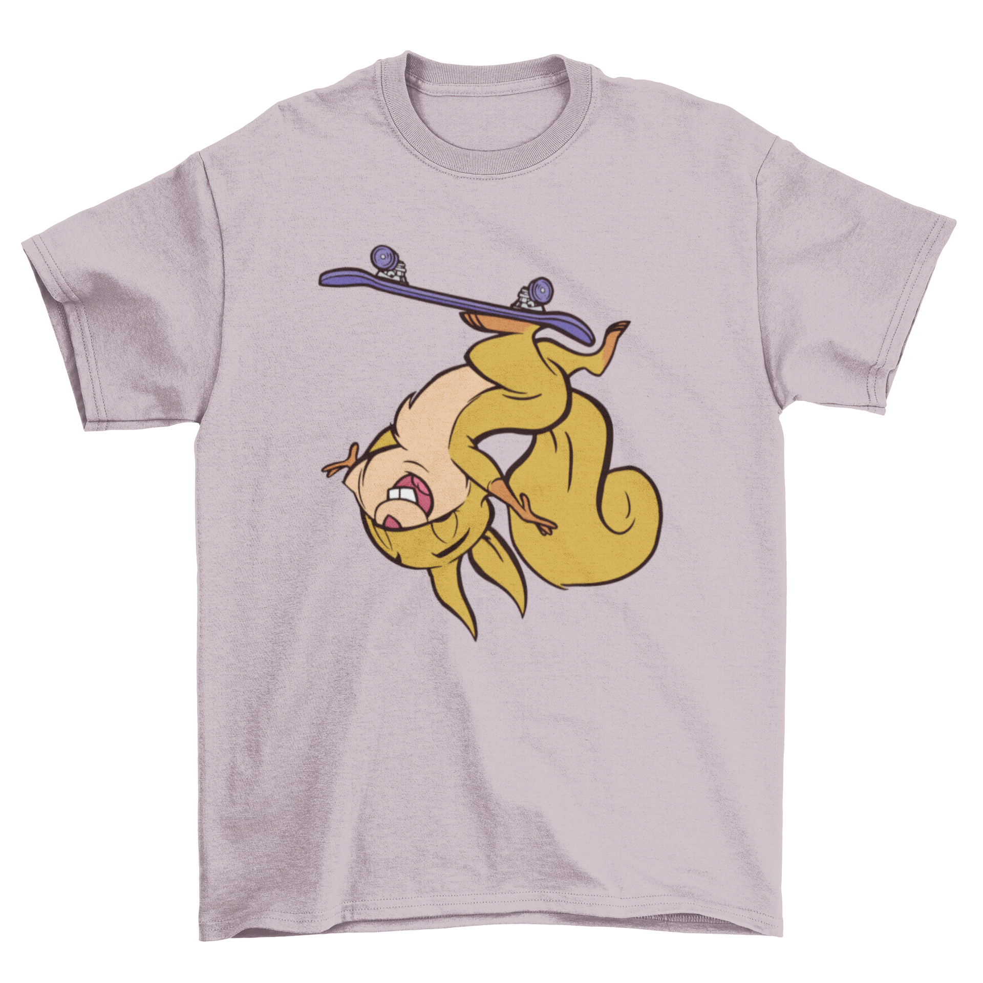 A vibrant t-shirt featuring a playful squirrel skateboarding, showcasing a fun and unique design.