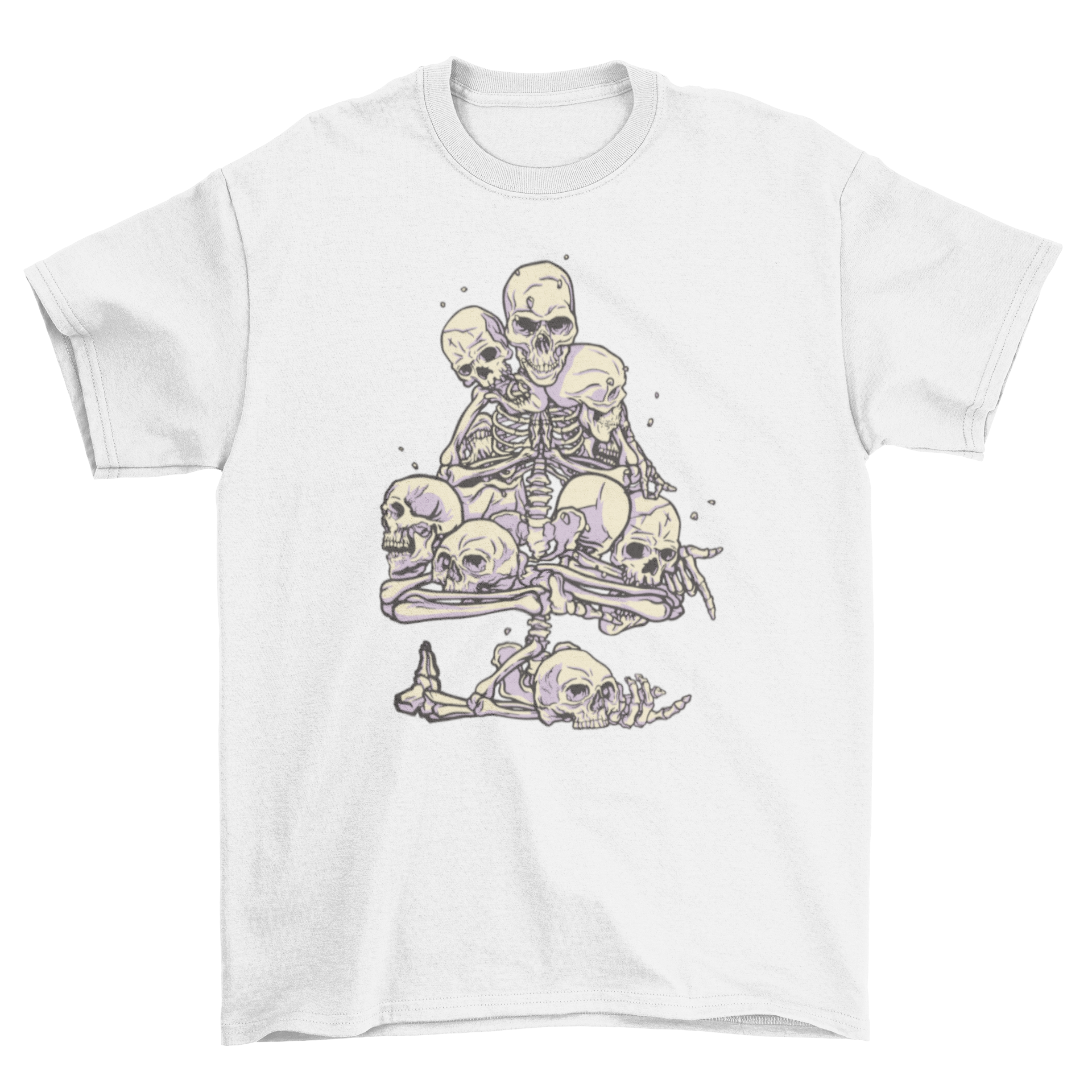 Skeleton and skulls tree t-shirt featuring a detailed graphic design of skulls and skeletons piled together.