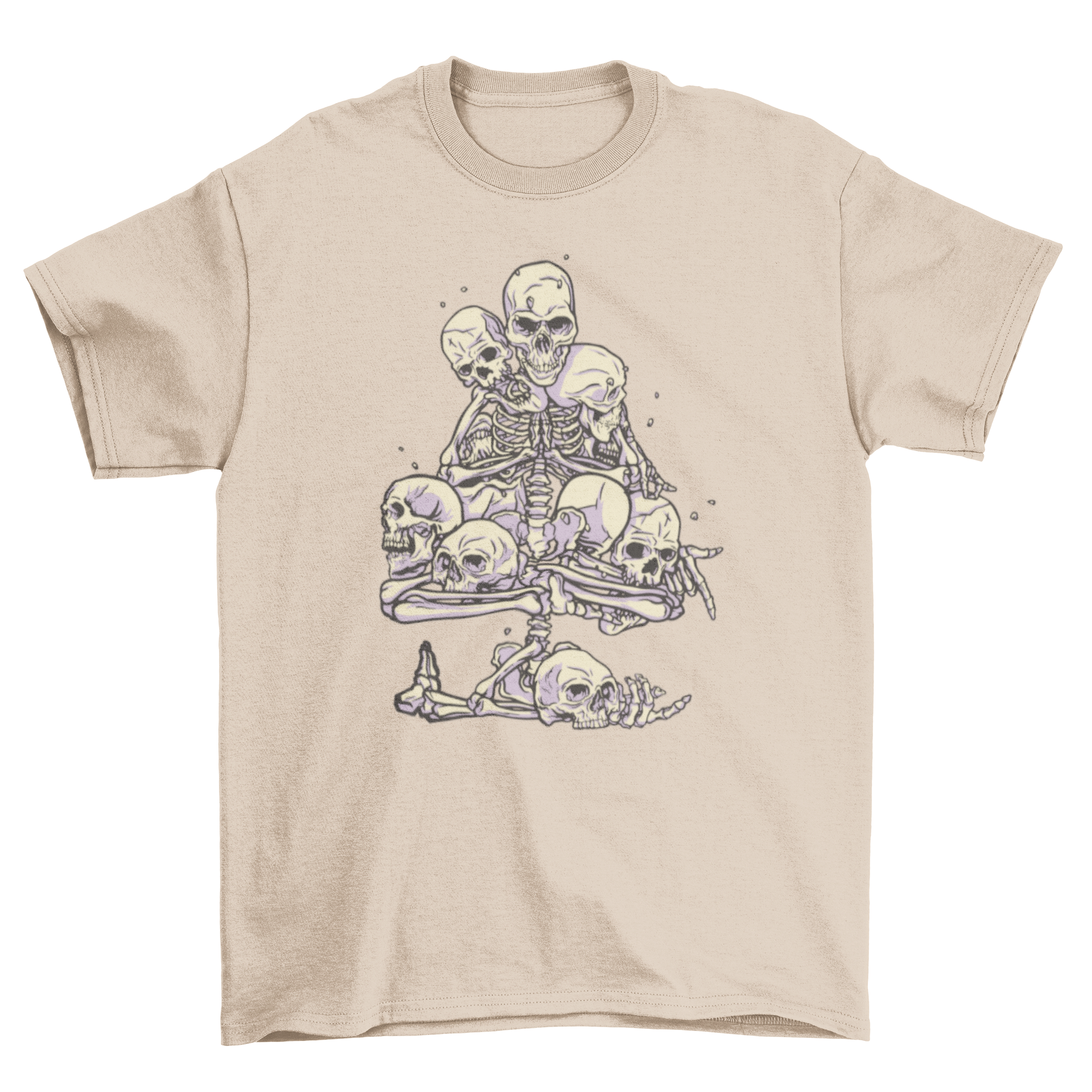 Skeleton and skulls tree t-shirt featuring a detailed graphic design of skulls and skeletons piled together.