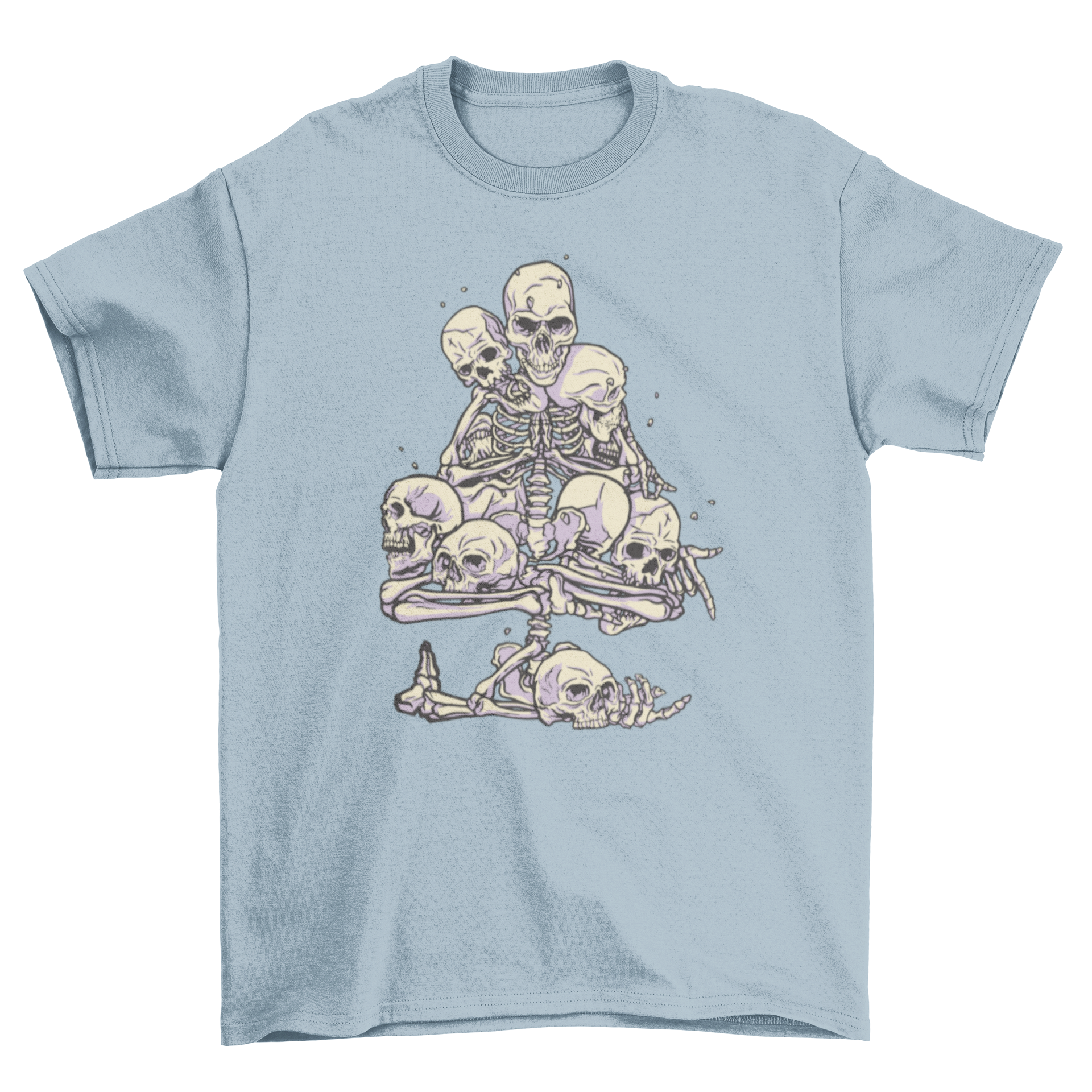 Skeleton and skulls tree t-shirt featuring a detailed graphic design of skulls and skeletons piled together.