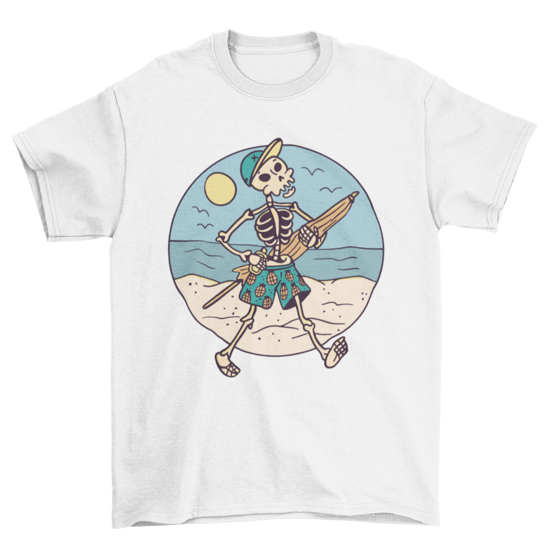 A stylish t-shirt featuring a skeleton walking on the beach, showcasing a fun and unique design.