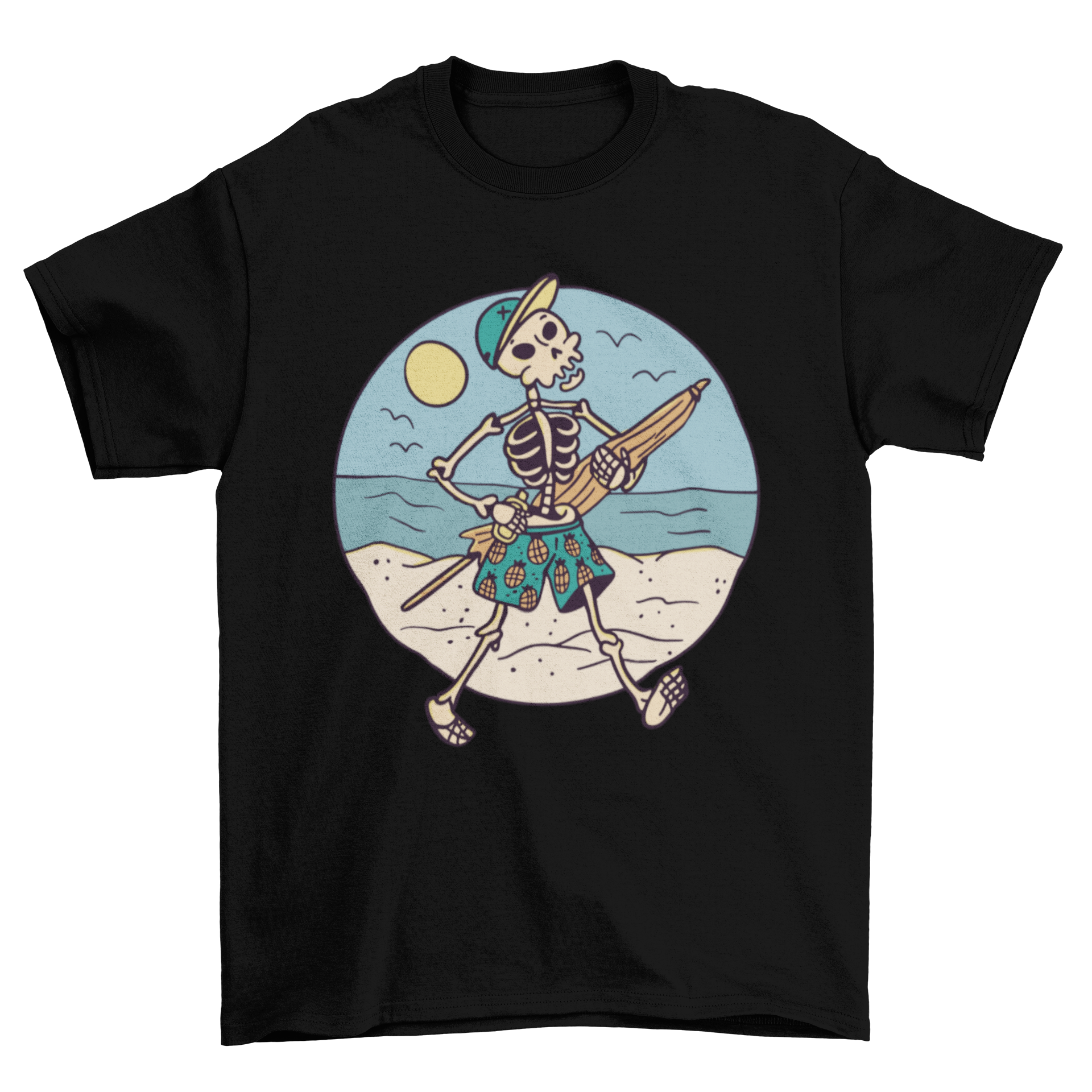 A stylish t-shirt featuring a skeleton walking on the beach, showcasing a fun and unique design.