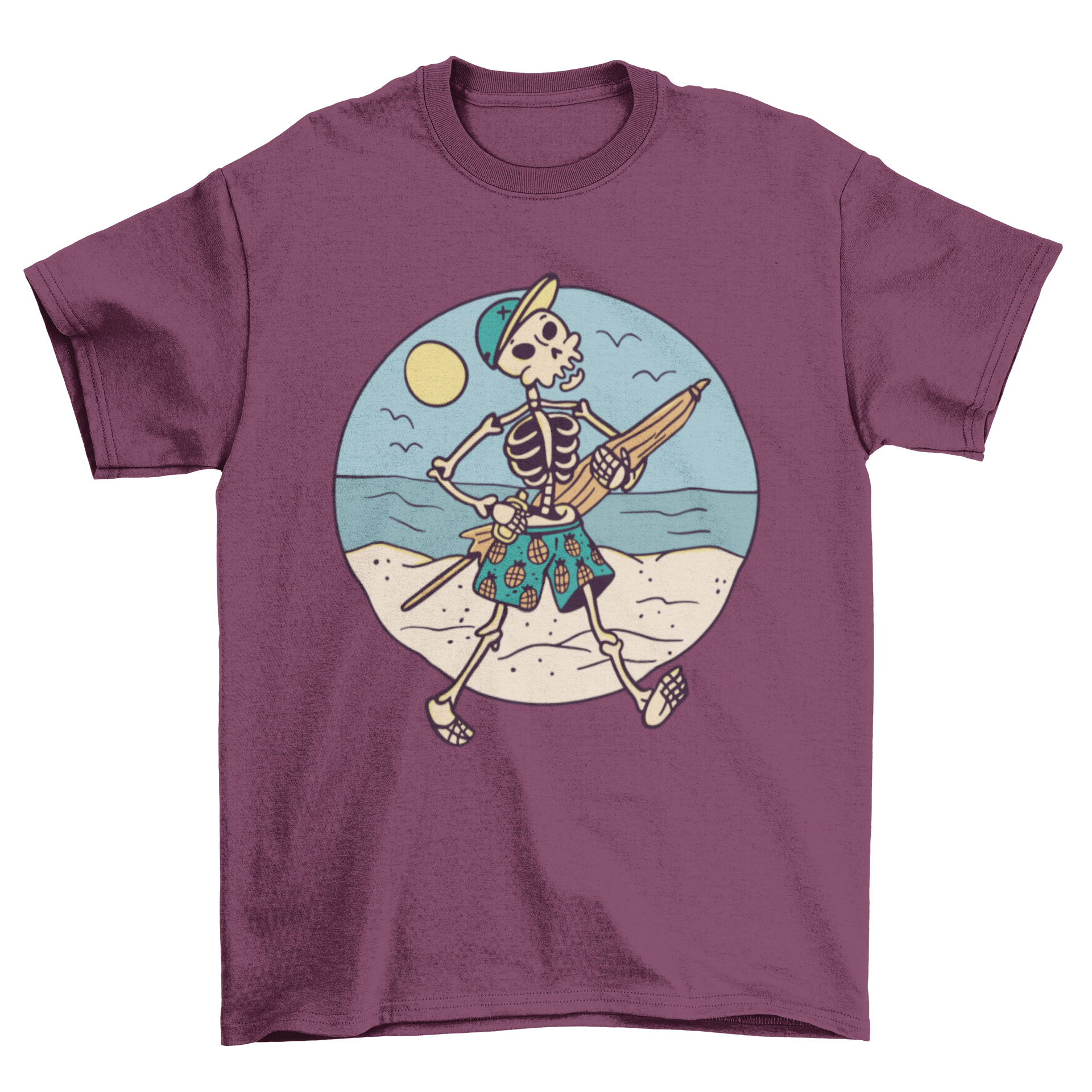 A stylish t-shirt featuring a skeleton walking on the beach, showcasing a fun and unique design.