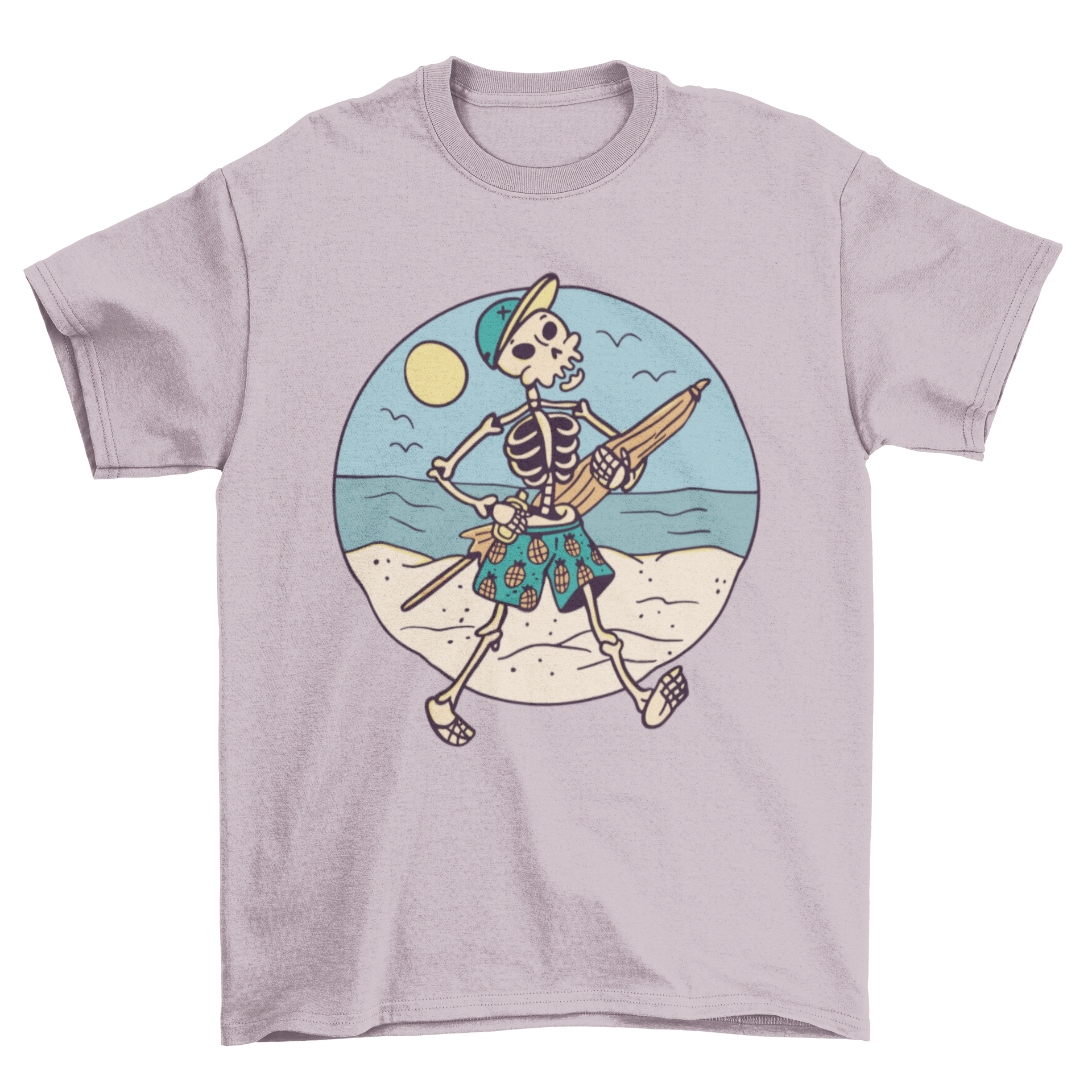 A stylish t-shirt featuring a skeleton walking on the beach, showcasing a fun and unique design.