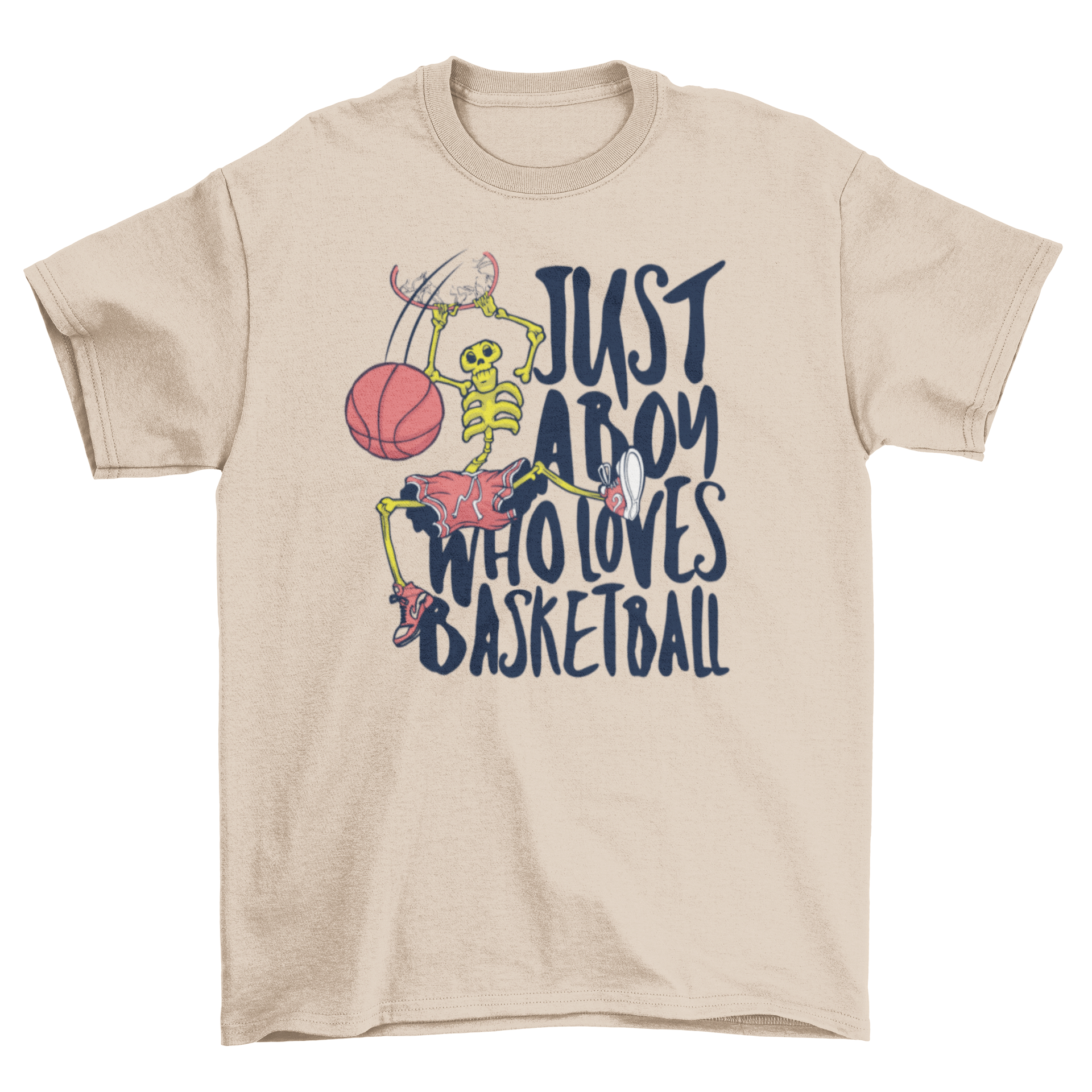 Skeleton playing basketball on a t-shirt with a quote.