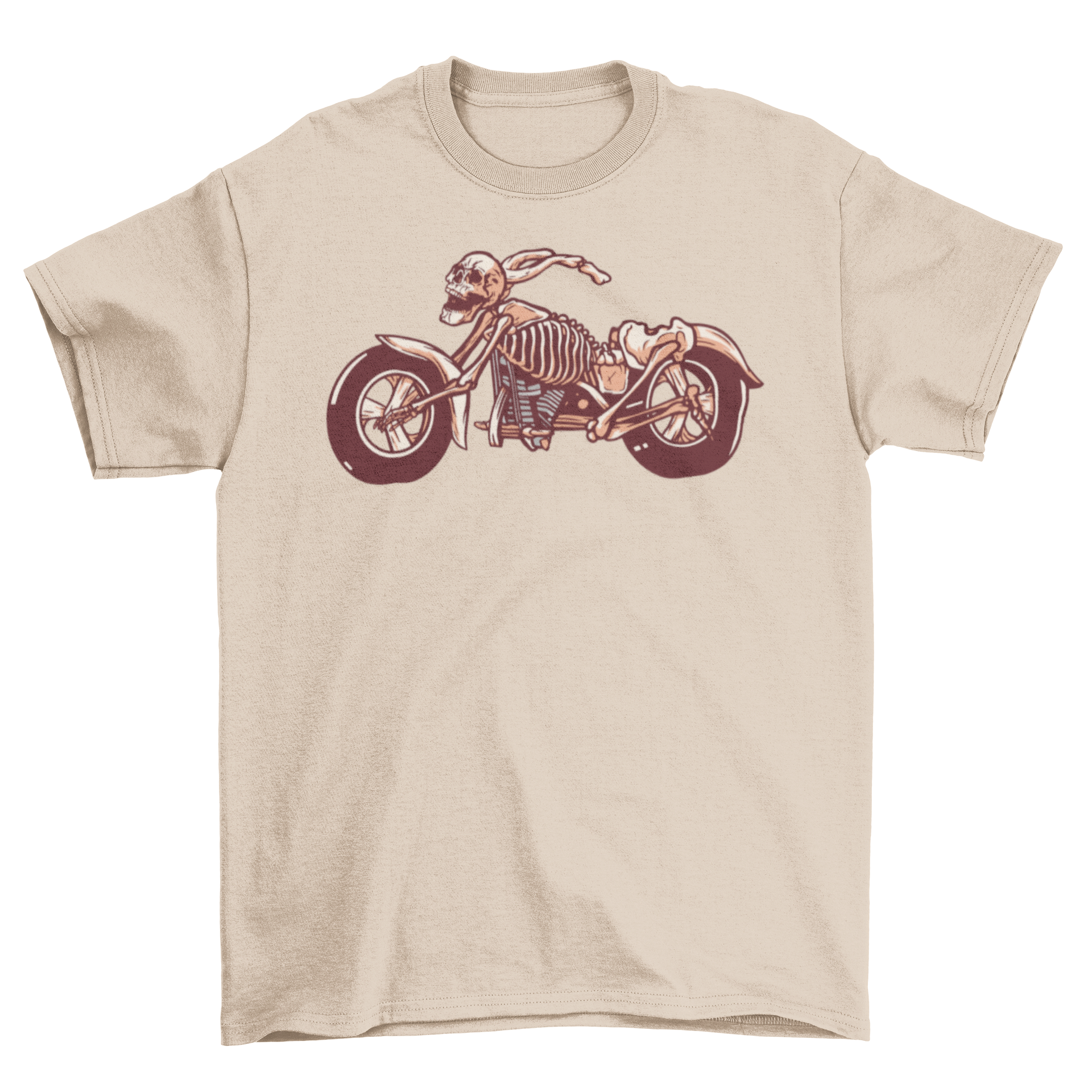 A stylish t-shirt featuring a detailed illustration of a skeleton motorbike, perfect for motorcycle enthusiasts.