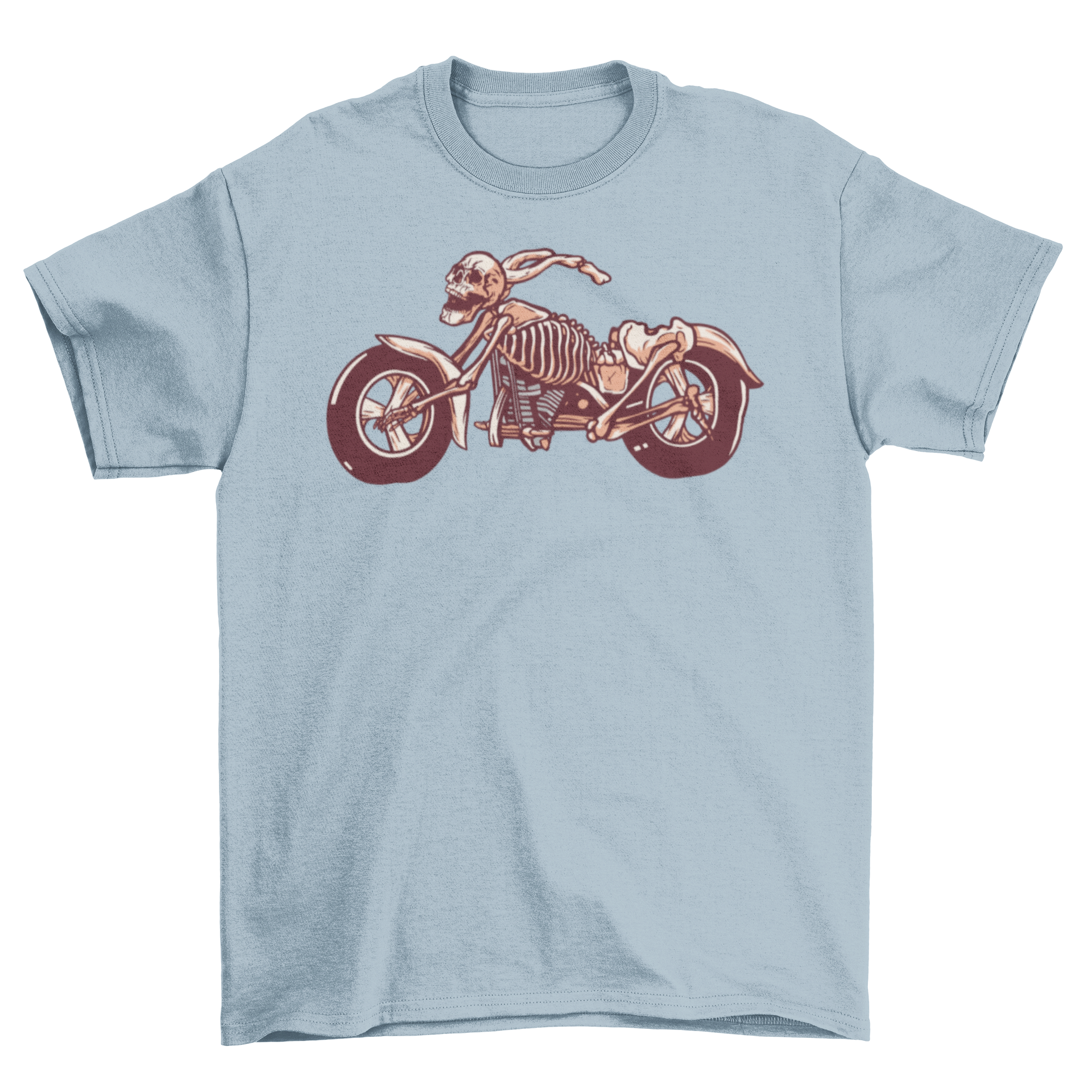 A stylish t-shirt featuring a detailed illustration of a skeleton motorbike, perfect for motorcycle enthusiasts.