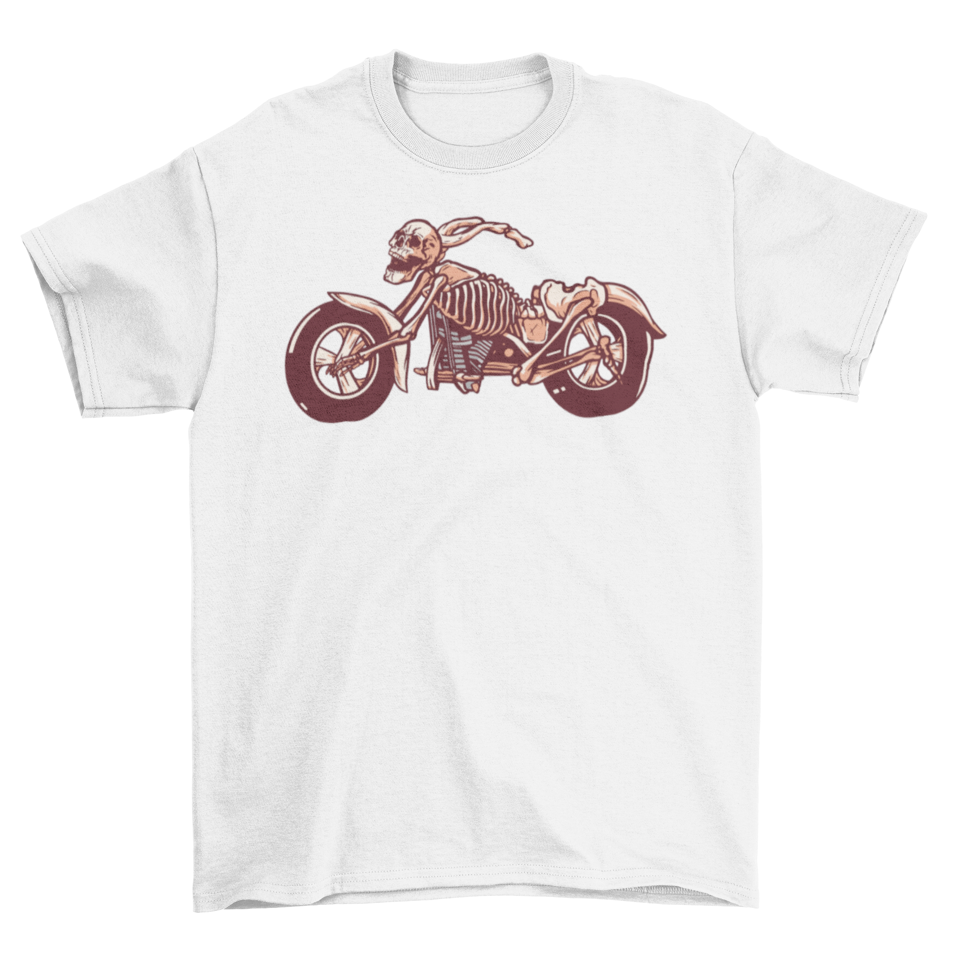 A stylish t-shirt featuring a detailed illustration of a skeleton motorbike, perfect for motorcycle enthusiasts.