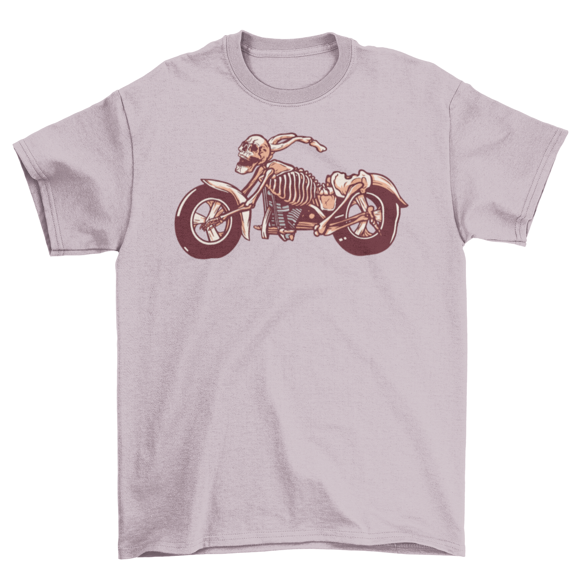 A stylish t-shirt featuring a detailed illustration of a skeleton motorbike, perfect for motorcycle enthusiasts.