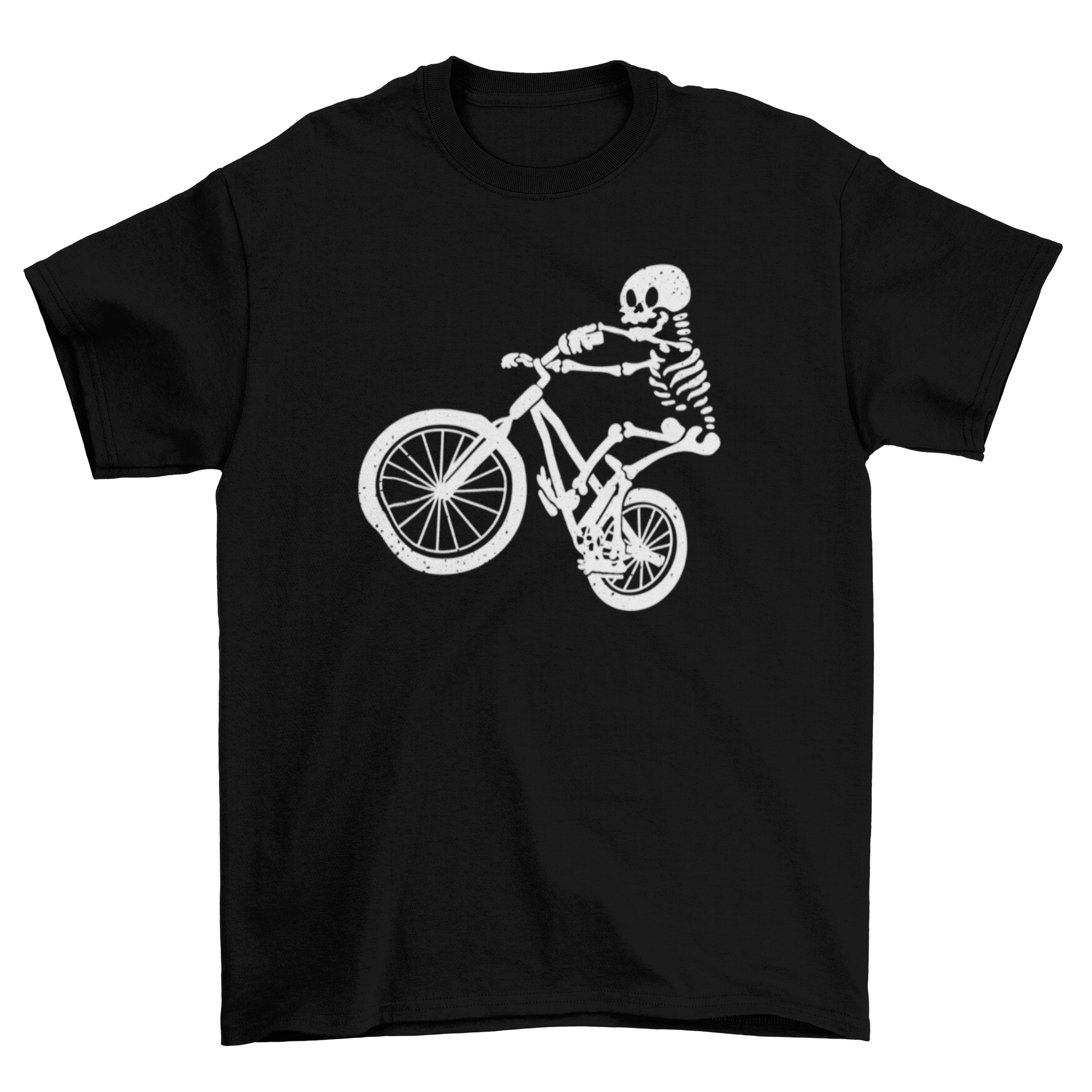 Skeleton biker t-shirt featuring a skeleton riding a motorcycle, showcasing a unique and edgy design.