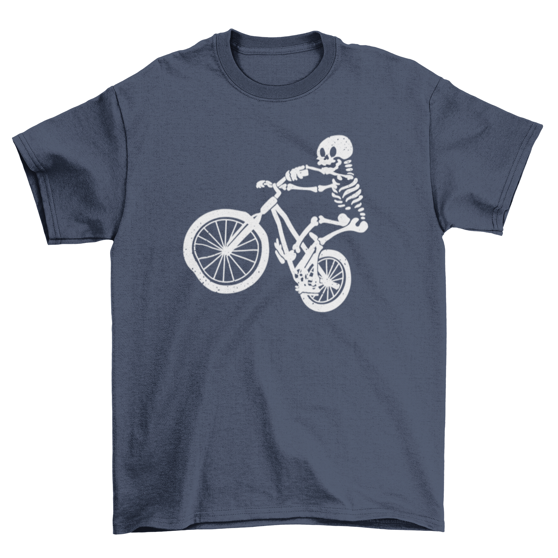 Skeleton biker t-shirt featuring a skeleton riding a motorcycle, showcasing a unique and edgy design.