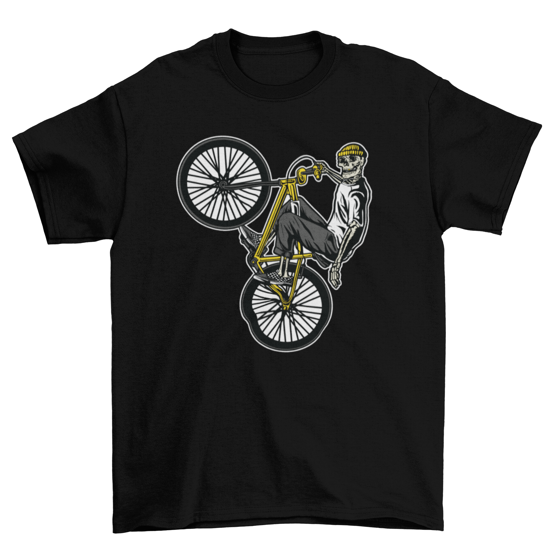 Skeleton wearing urban clothes riding a BMX bike on a stylish t-shirt.