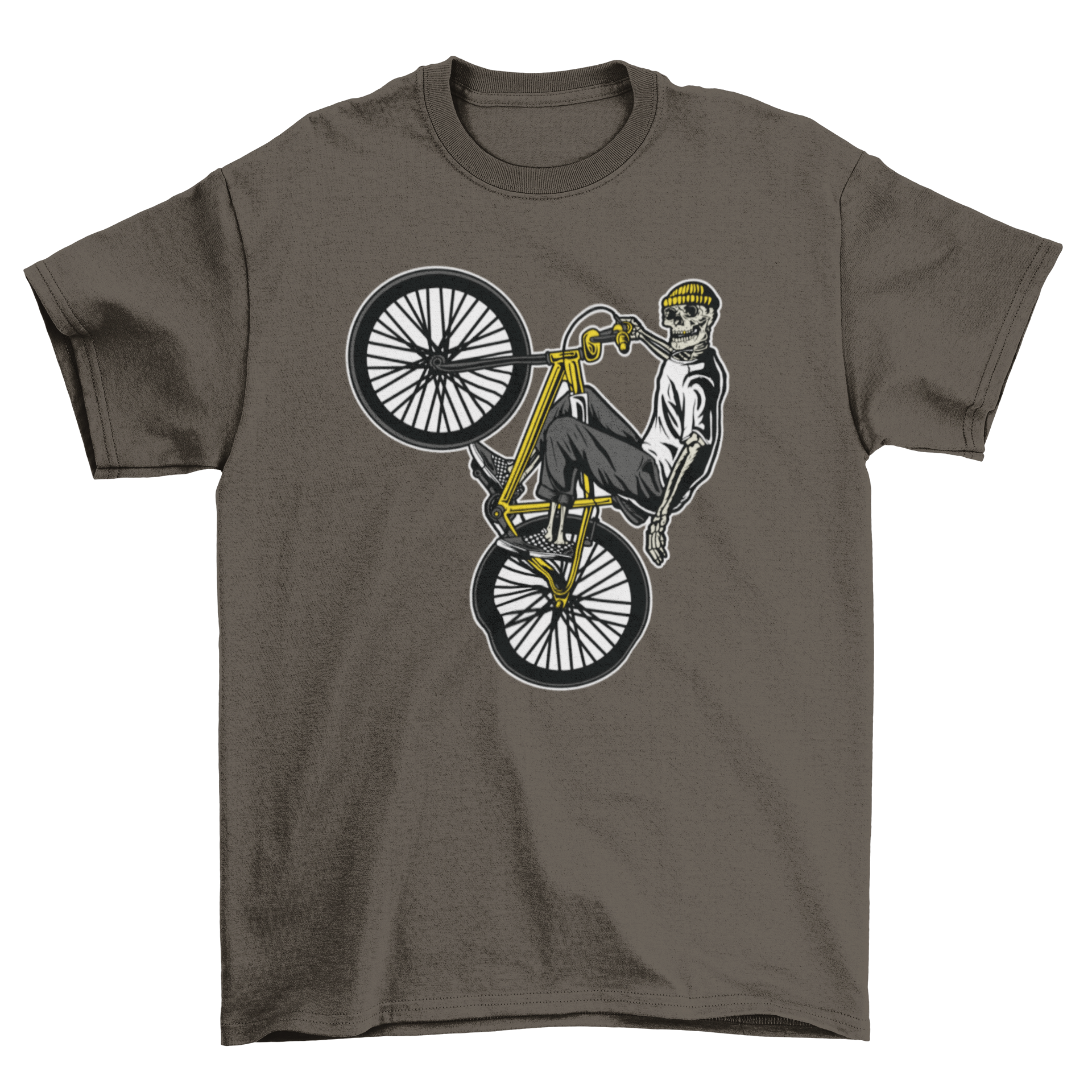 Skeleton wearing urban clothes riding a BMX bike on a stylish t-shirt.