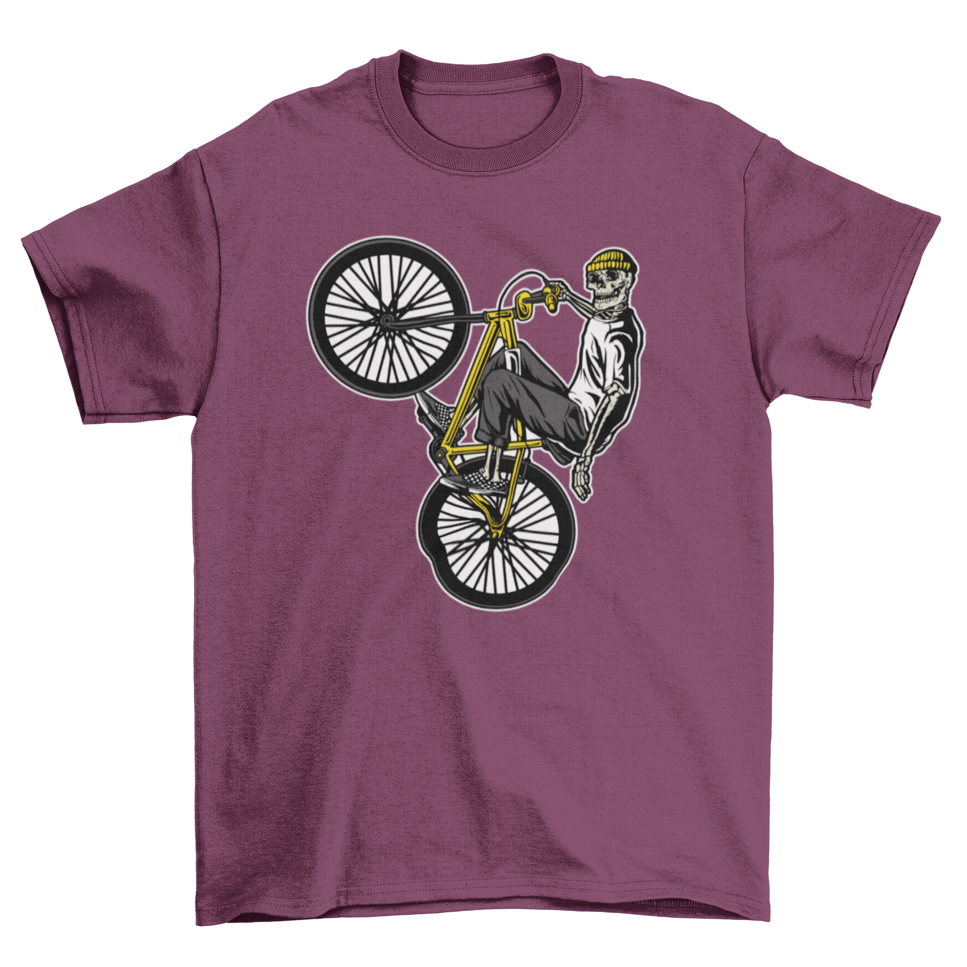 Skeleton wearing urban clothes riding a BMX bike on a stylish t-shirt.