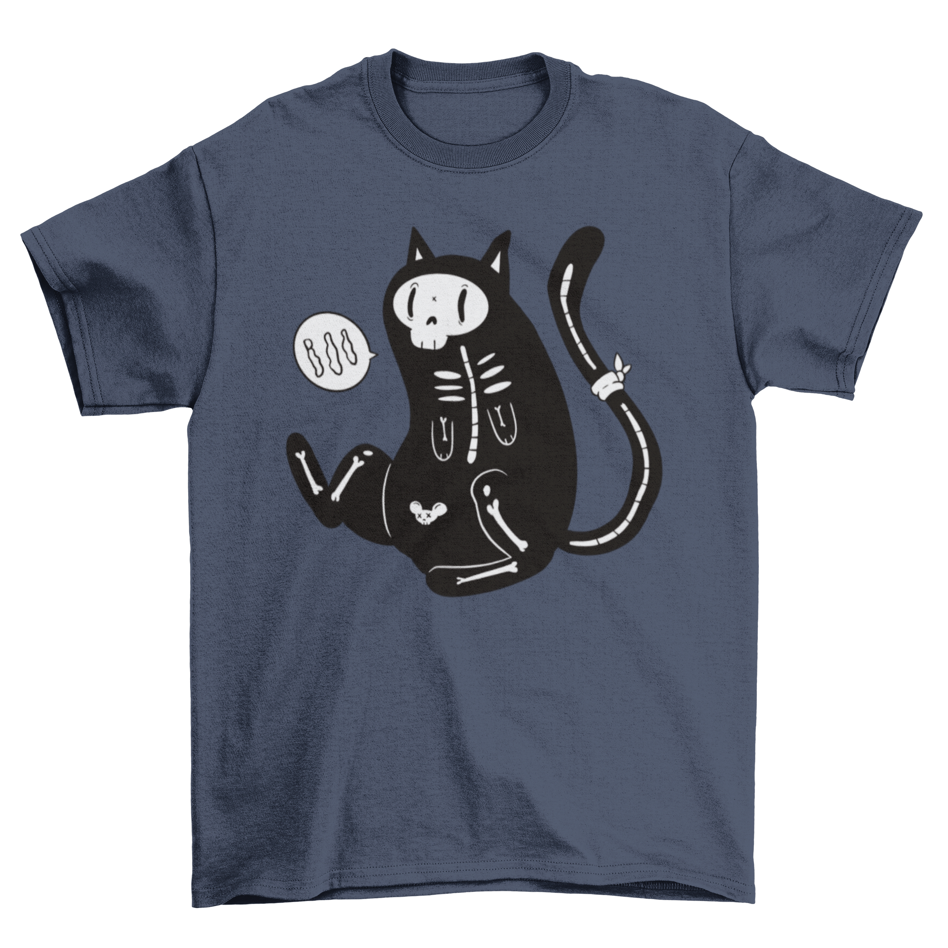 A playful cartoon design of a skeleton cat on a soft T-shirt, perfect for casual wear and Halloween.