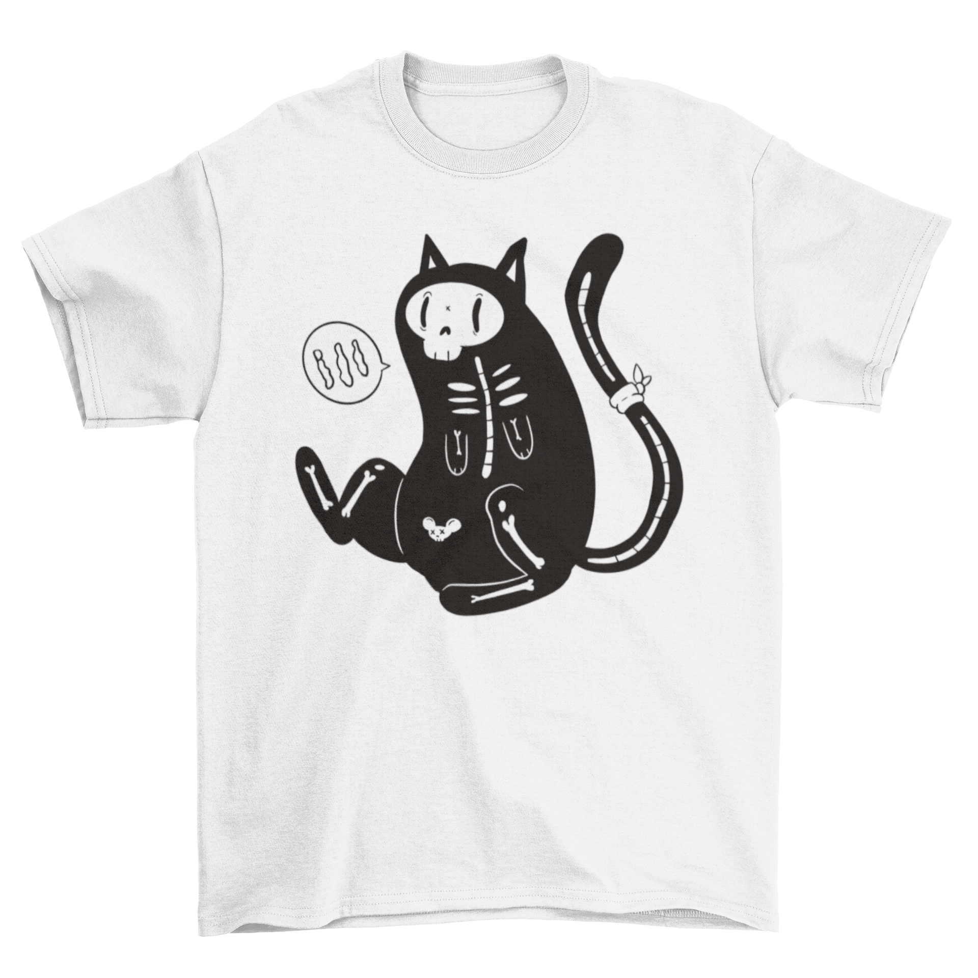 A playful cartoon design of a skeleton cat on a soft T-shirt, perfect for casual wear and Halloween.