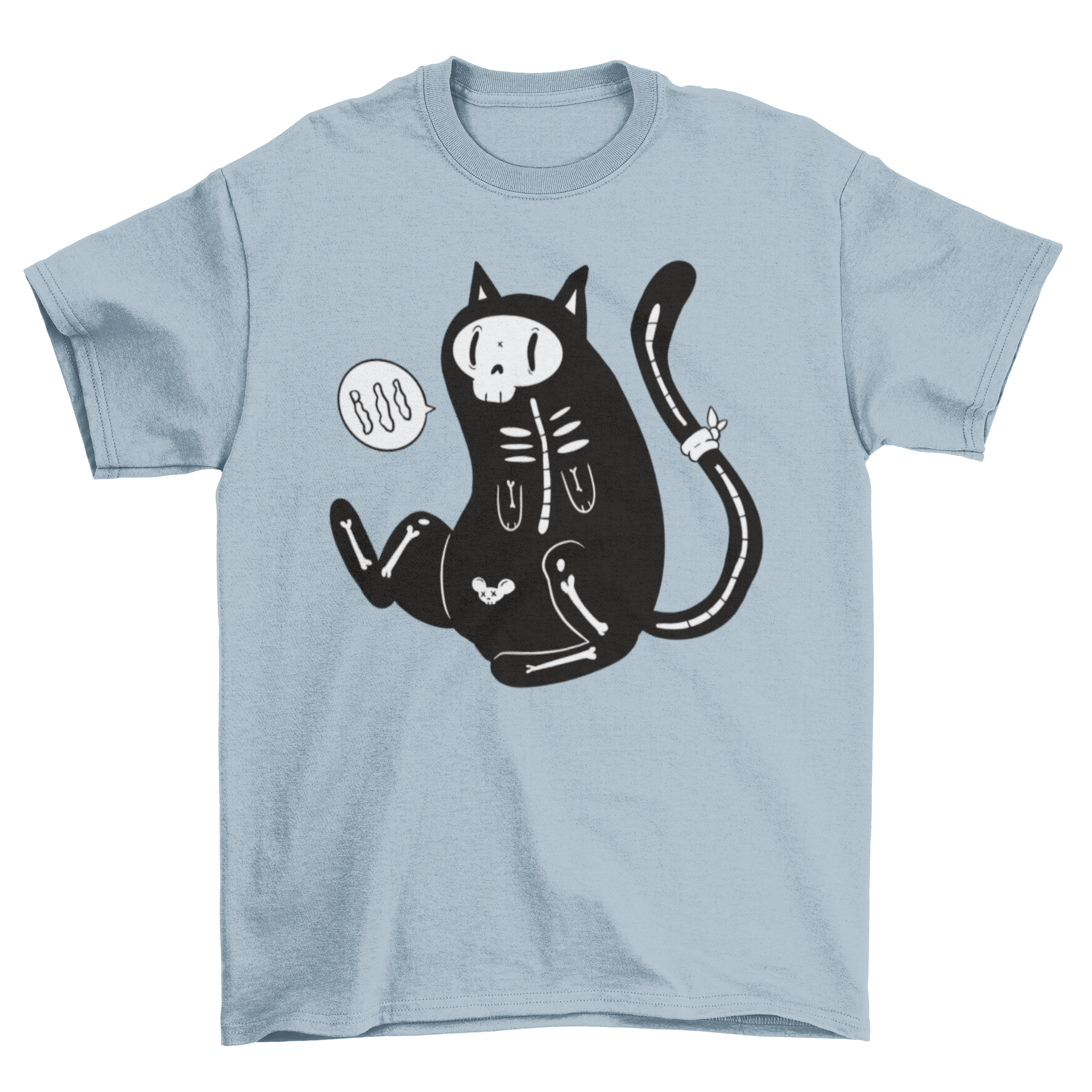 A playful cartoon design of a skeleton cat on a soft T-shirt, perfect for casual wear and Halloween.