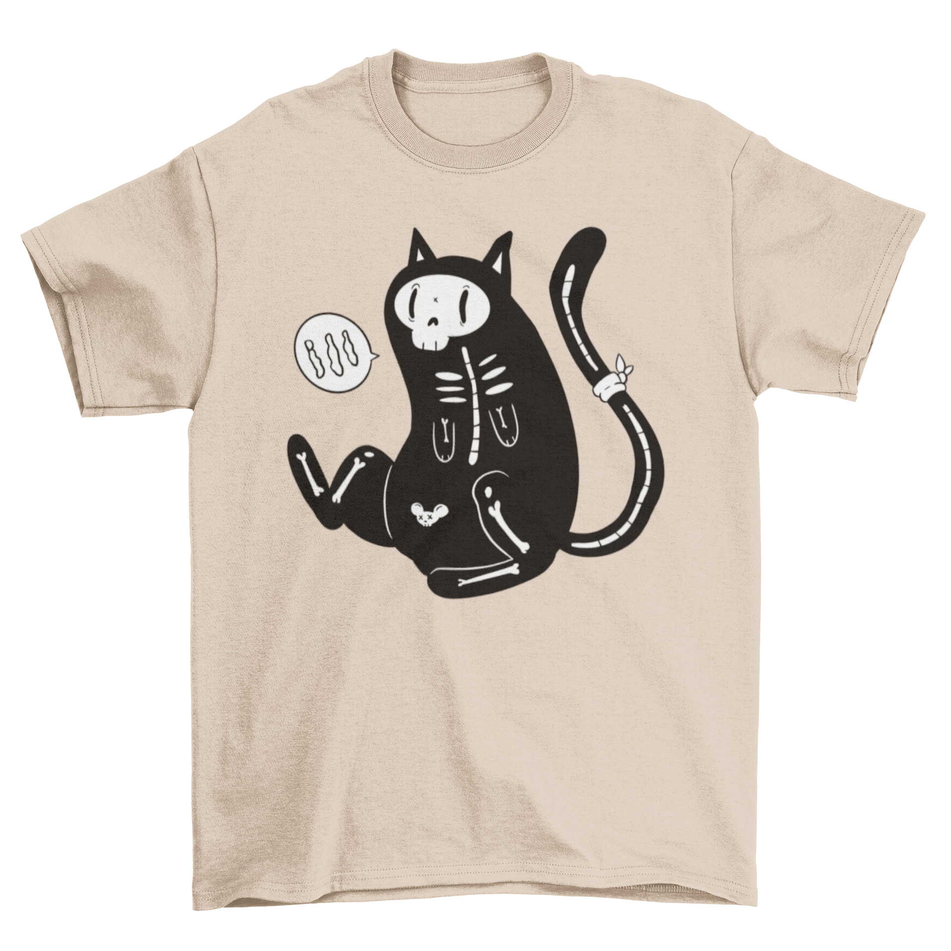 A playful cartoon design of a skeleton cat on a soft T-shirt, perfect for casual wear and Halloween.