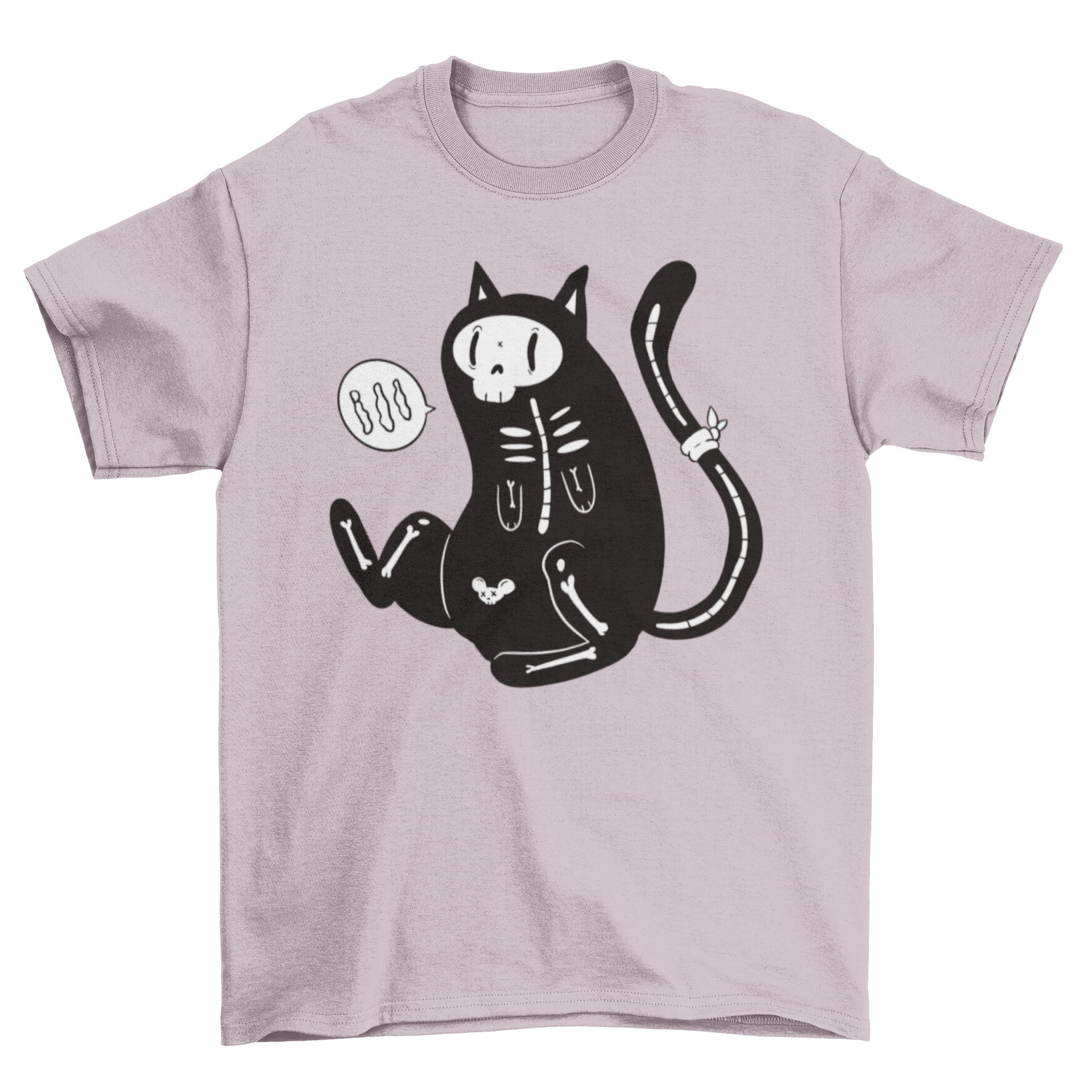 A playful cartoon design of a skeleton cat on a soft T-shirt, perfect for casual wear and Halloween.